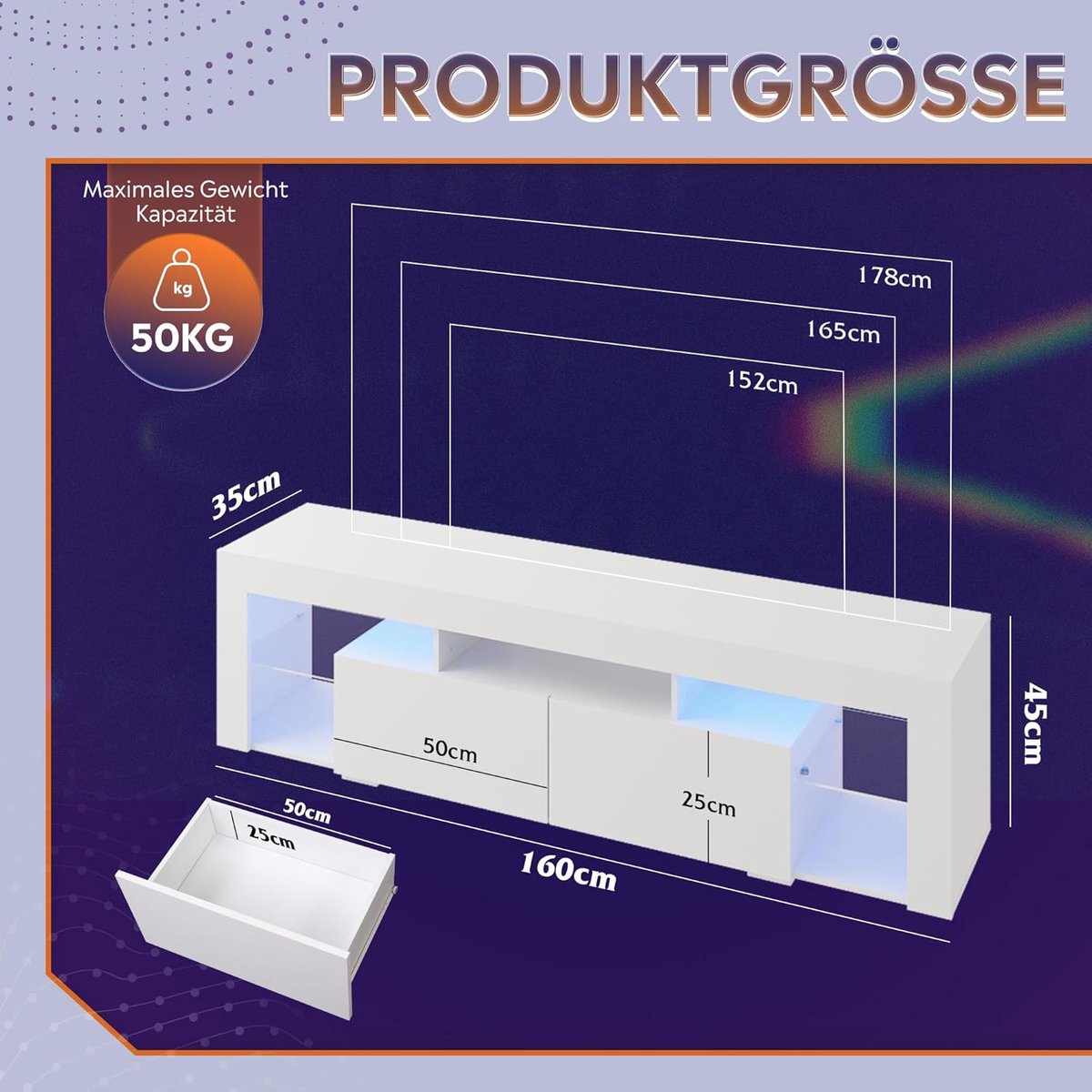 TV Meubel met LED Verlichting 160 cm – House&Garden Modern TV Kast voor 50 t/m 75 Inch TV – Wit TV Dressoir met 2 Laden, 7 Opbergvakken, RGB Verlichting met Afstandsbediening, Houten TV Meubel voor Woonkamer en Slaapkamer
