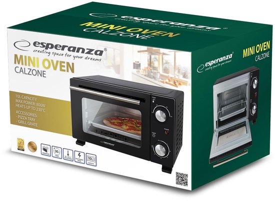 Esperanza CALZONE Mini Oven - 10 Liter - 800W - Compacte Elektrische Oven met Timer - Inclusief Bakplaat & Grillrooster - Zwart — afbeelding 4