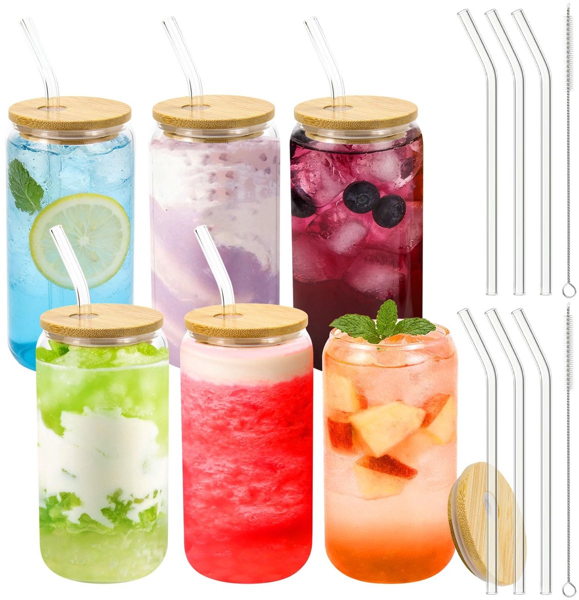 Dailygoods - Set van 6 Drinkglazen met Deksel en Rietje - 500 ml Ijskoffieglazen