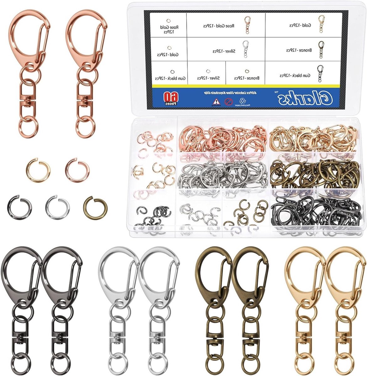 60 Stuks Swivel Carabiner Haak Set in Diverse Kleuren voor Sleutelhangers, DIY Creaties en Handwerk