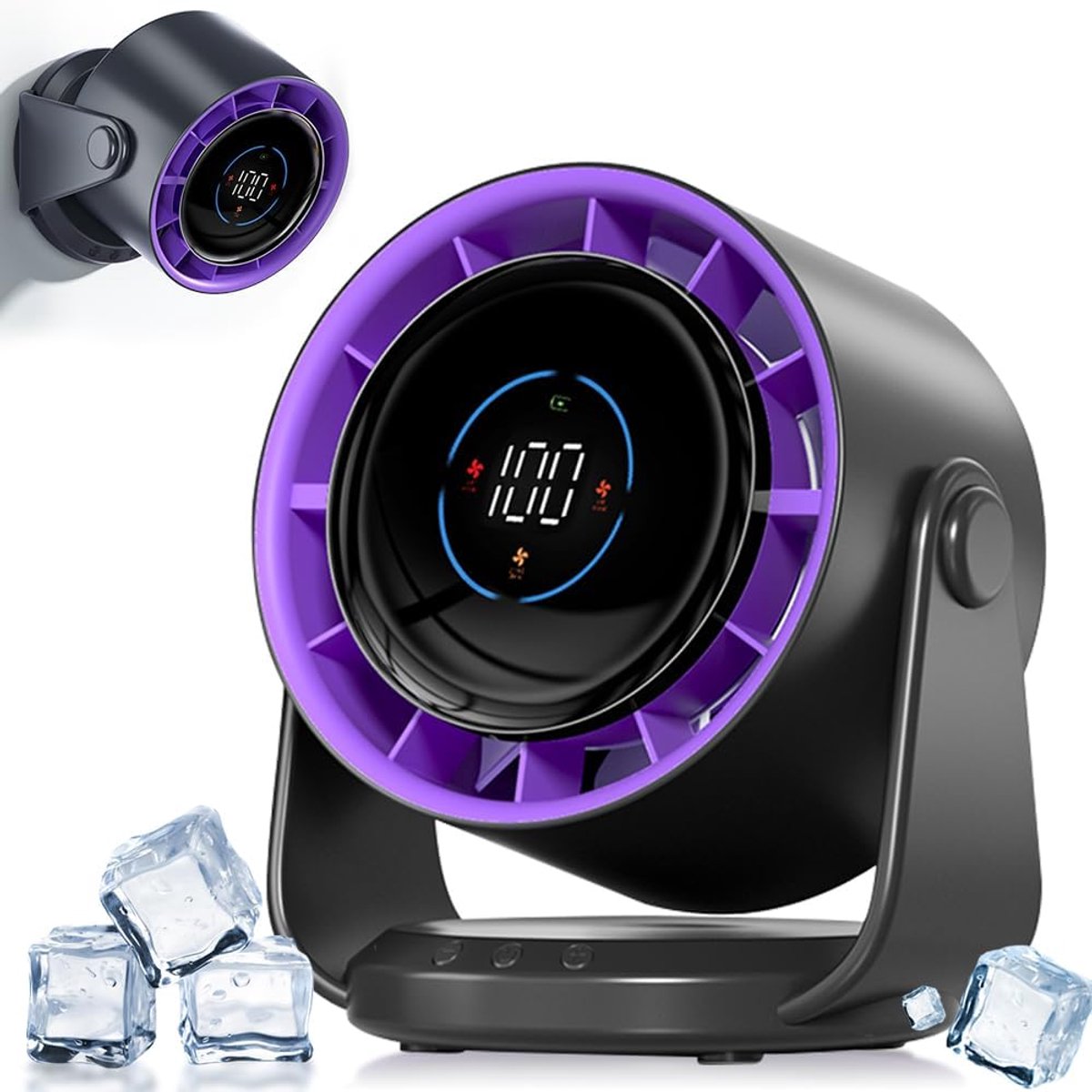 Bureauventilator, 5000mAh batterij, LED-display, 1-199 snelheden en 105° draaibare kop, krachtige luchtstroom, wandventilator voor kantoor, thuis, slaapkamer en keuken