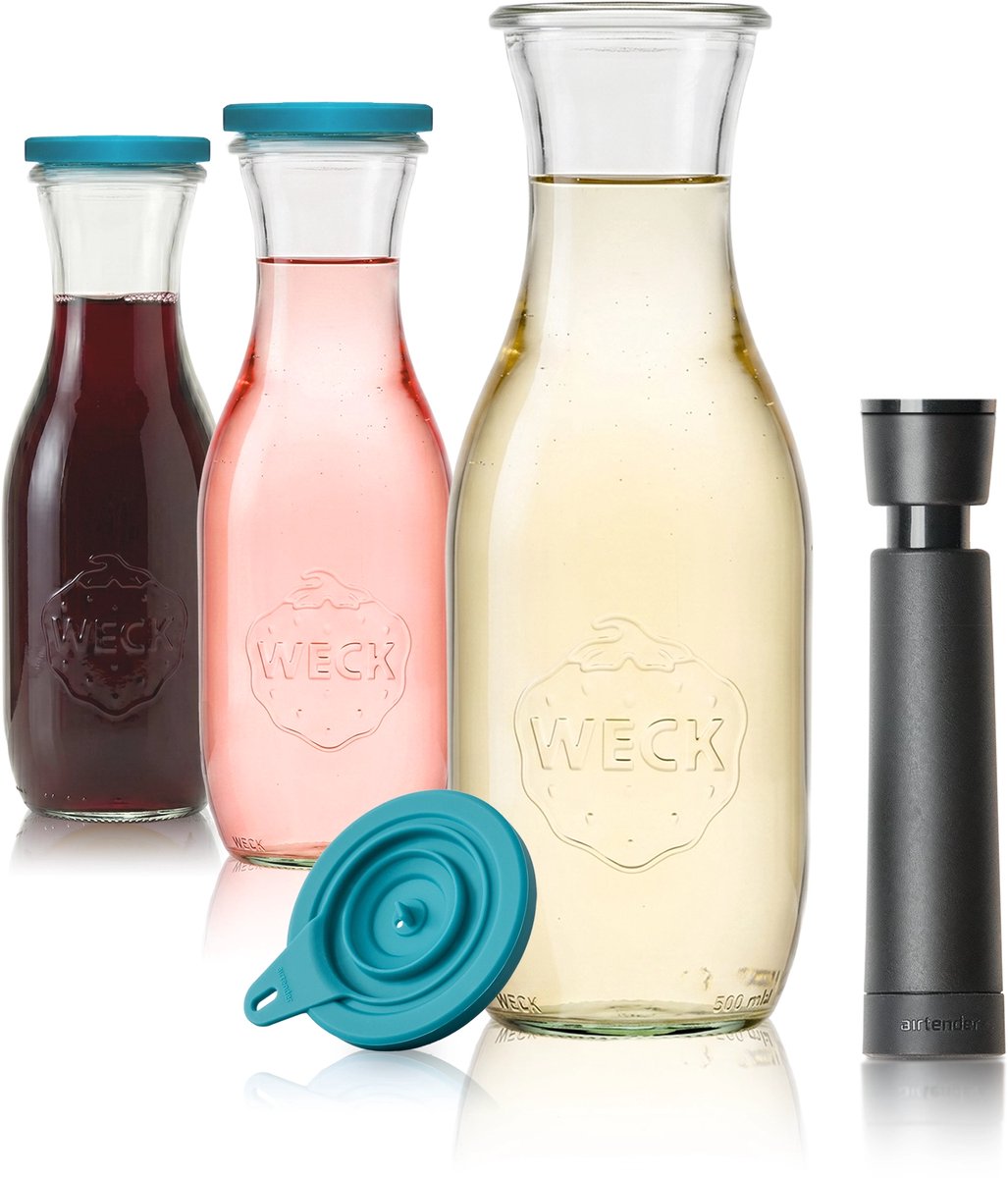 Airtender Wine Saver Carafe 500ml (3st.) | Vacuümpomp/-deksel & Karaf | 3x Vacuüm Wijnkaraf van glas (0,5L) | 3x Vacuümdeksel + GRATIS wijnpomp | Perfect om wijn tot 5x langer te bewaren | Vacuüm bewaren in de wijnkaraf | Past in koel & klimaatkast