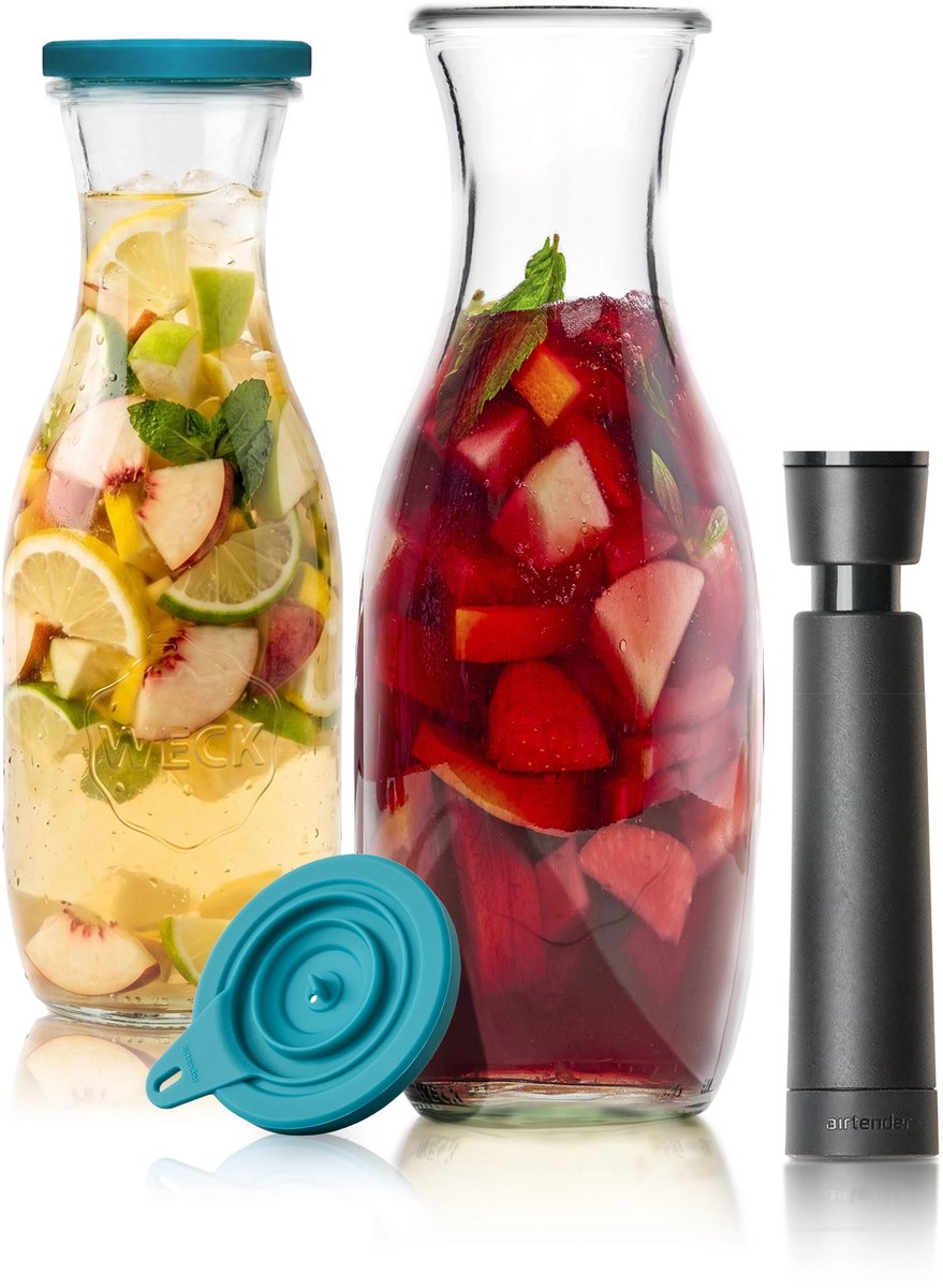 Airtender Instant Sangria Maker 1000ml (2st.) | 2x Vacuüm Sangriakaraf van glas | 2x Vacuümdeksel + GRATIS -pomp | Maak razendsnel de lekkerste Sangria! | Zonder vacuüm te gebruiken | Vacuüm versnelt de infusie (duurt 15-30min) en creëert meer smaak