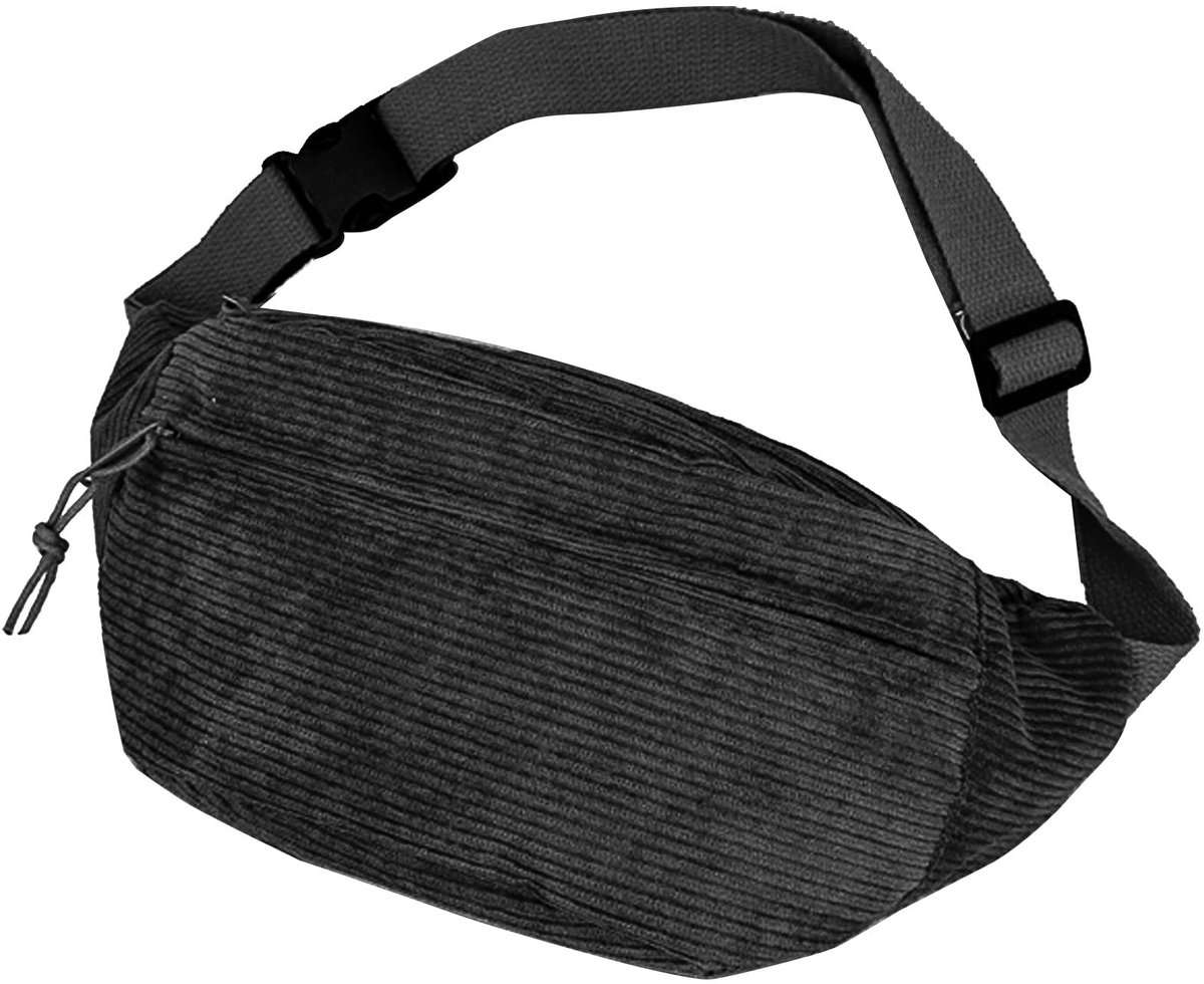 Dailygoods - Heuptas van geribbeld fluweel, halve maan tas voor dames, buiktas van geribbeld fluweel, schoudertas voor dames, riemtas, modieuze sport-borsttas met verstelbare schouderbanden, Zwart, 33x16x3 cm