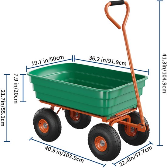 Tuinkar Met Kantelfunctie - 4 Wielen - Poly Tuinwagen - Voor Grond Bladeren En Tuingereedschap - Inhoud 125 liter - Groen + Oranje — afbeelding 4