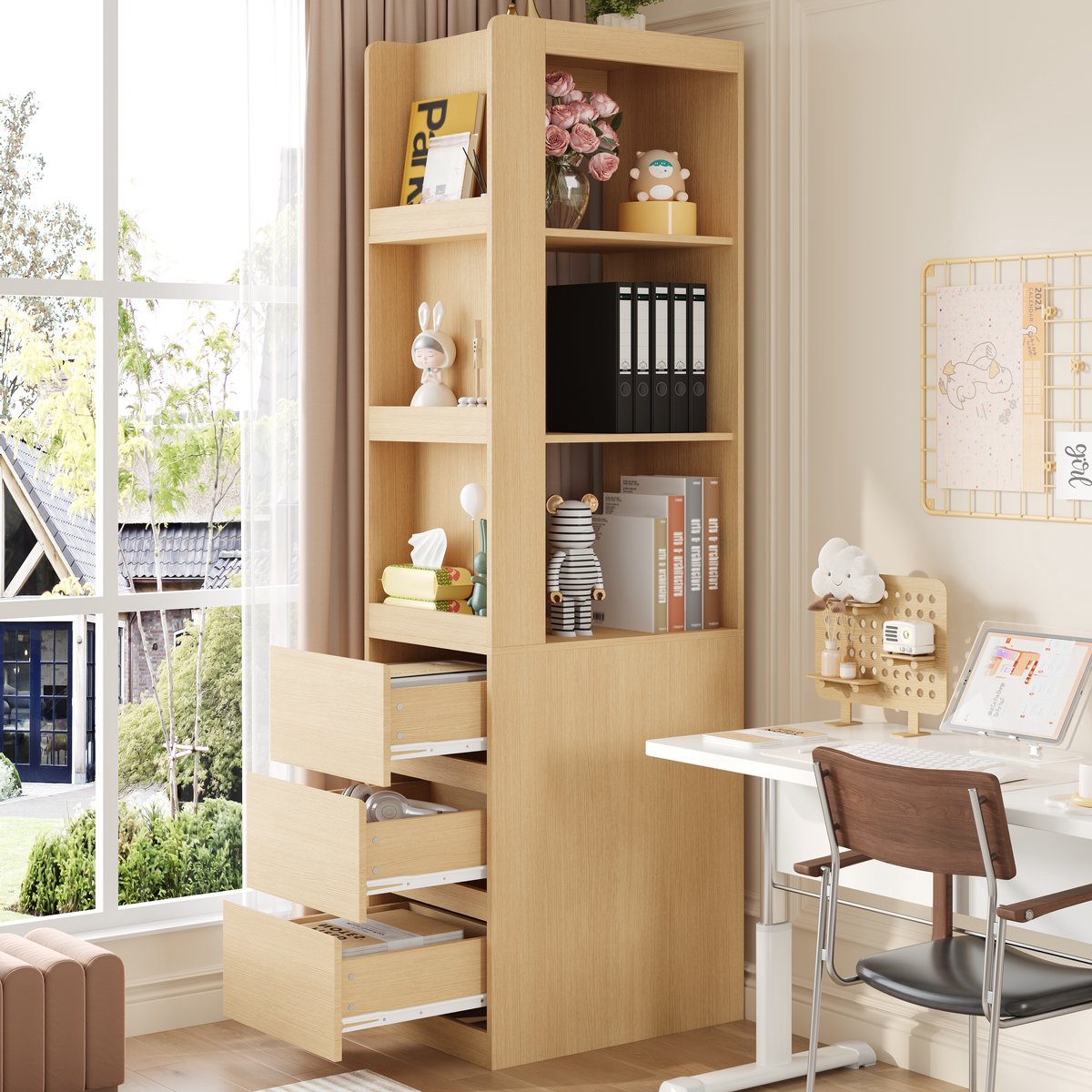 Re-purelife® smalle boekenkast met 3 open vakken en 3 lades - vrijstaand opbergrek/badkame