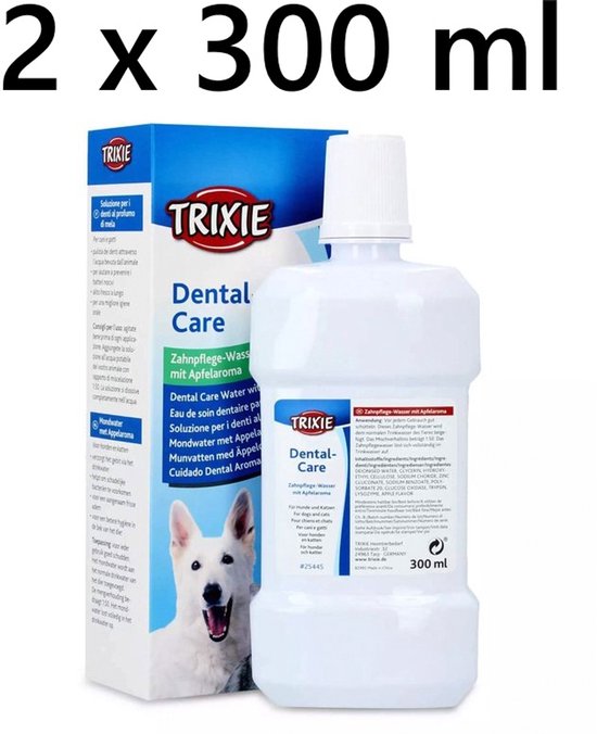 2 x Trixie Dental-Care mondwater 300 ml met appel-aroma, met afbeeldingen van een witte hond en kat.