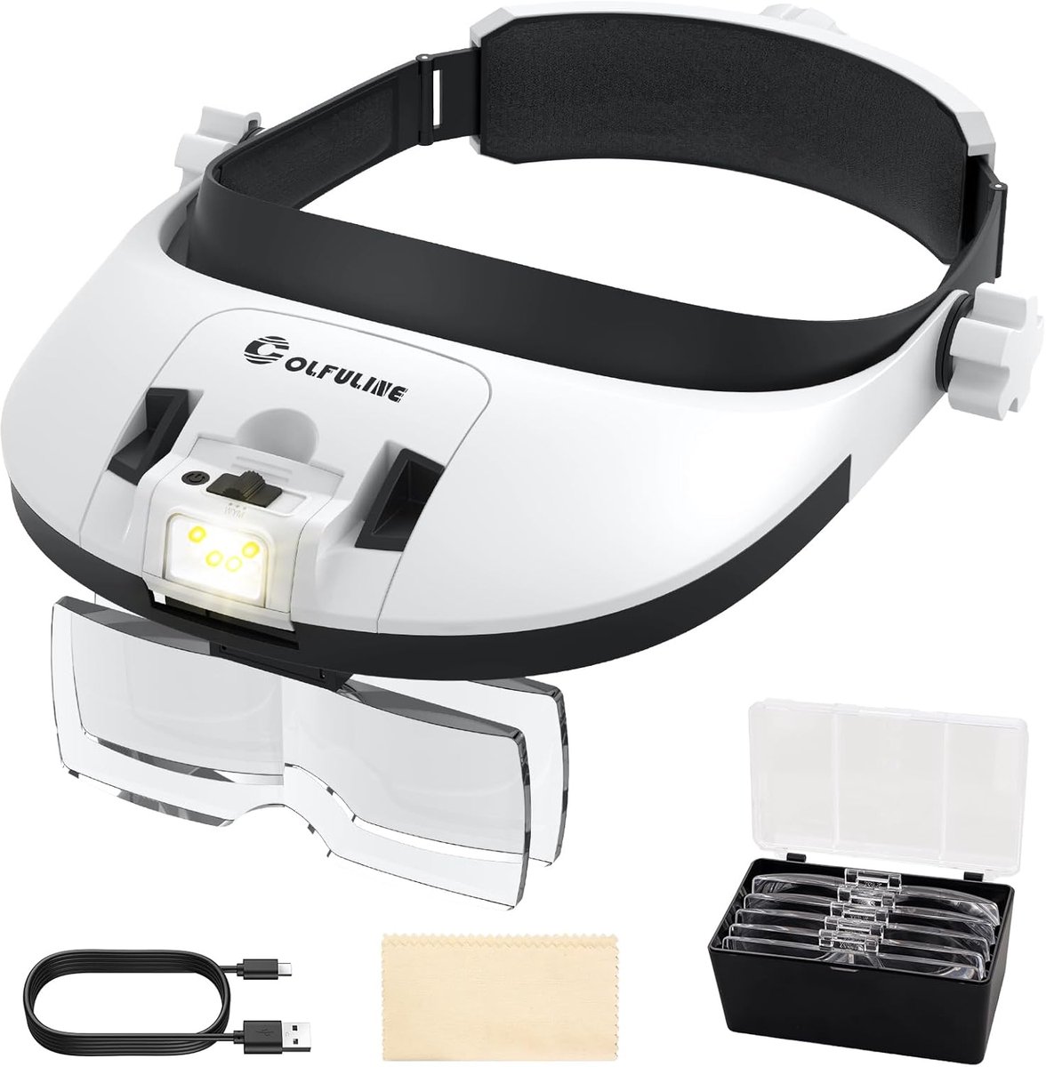 SnelShoppen - Vergrootbril met Licht, 8 LED Hoofdband Loep, 5 Verwisselbare Lenzen van 1,0x tot 3,5x, USB Oplaadbaar met 900 mAh Batterij, 3 Lichtmodi