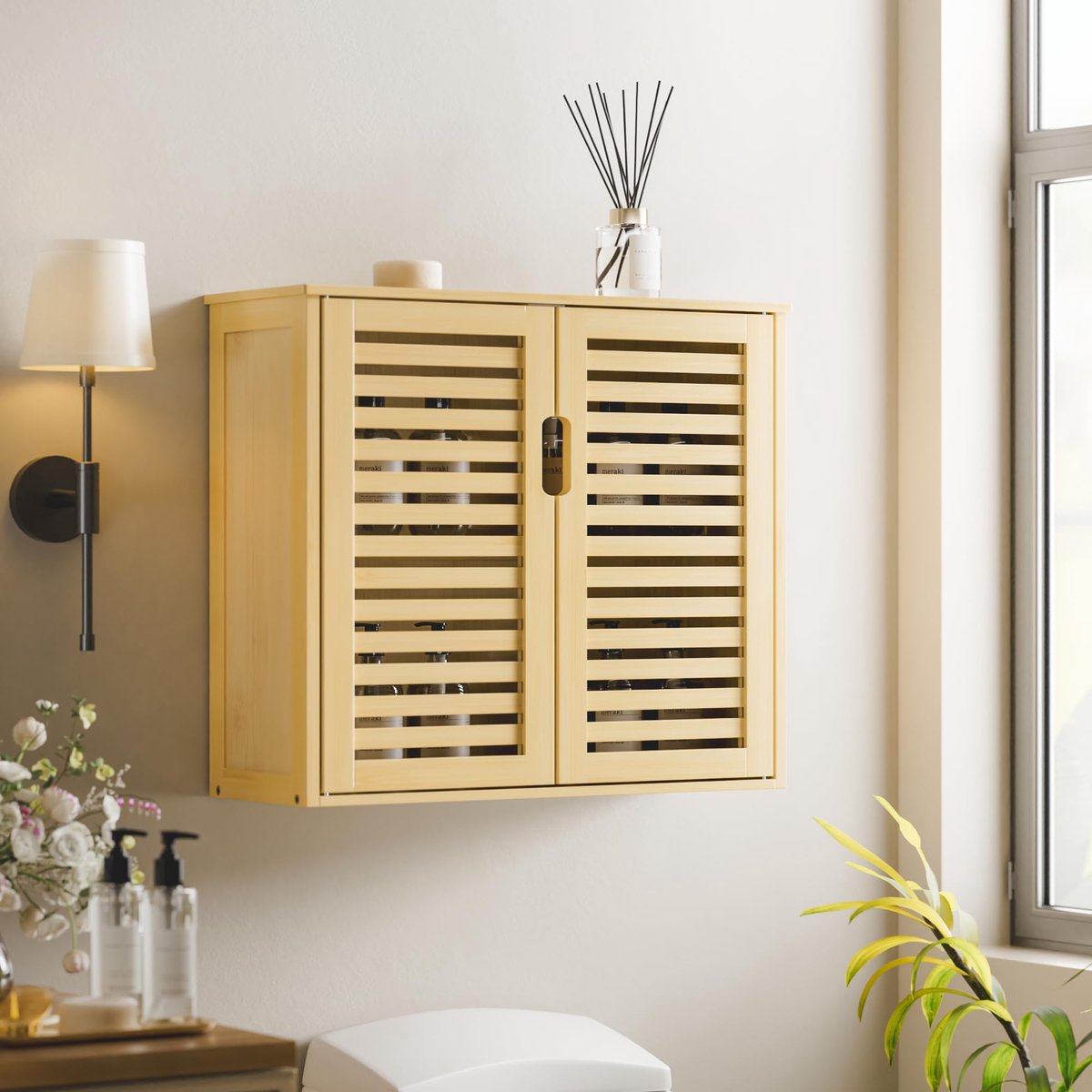 SnelShoppen - Badkamer Wandkast Bamboe Opbergmeubel Boven Toilet, Ruimtebesparend Medicijnkastje met Dubbele Deuren en Verstelbare Planken, Natuurlijk