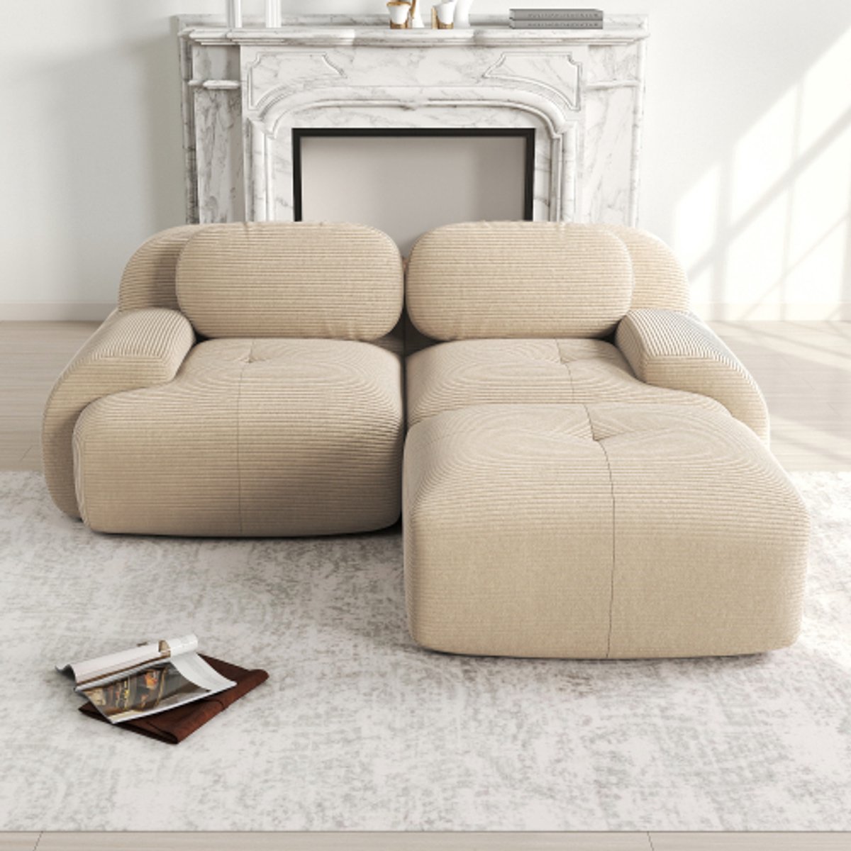 Hoekbank - Hoekbank van Zachte Corduroy – Bank Zonder Frame - Geen installatie Nodig - Comfortabele Zitzak Stoel – Beanbag voor Woonkamer en Slaapkamer - Beige