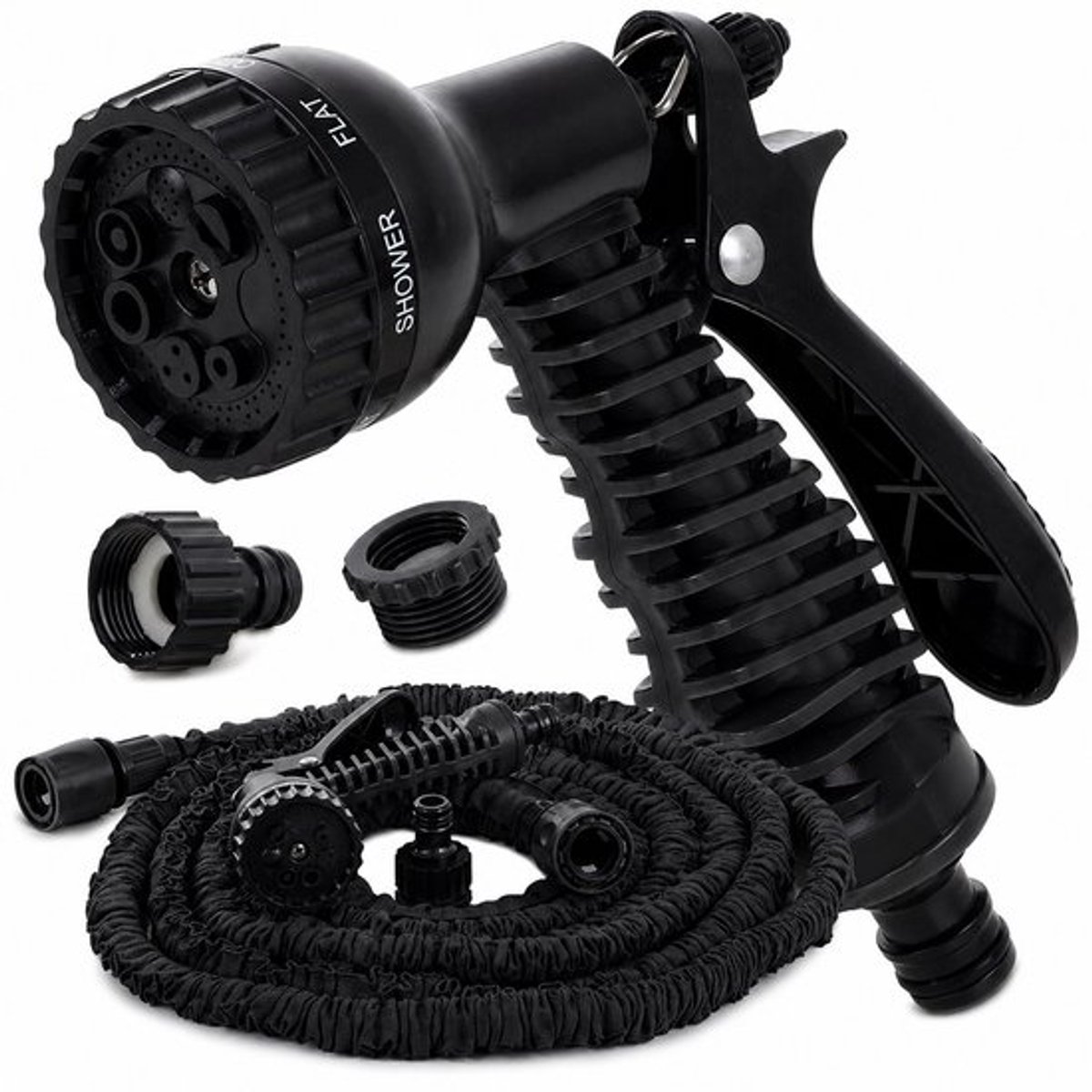 Flexibele uitrekbare zwarte magische tuinslang van 30 meter met 7-sproei functies, elastisch lichtgewicht waterhose voor tuinbewatering, schoonmaak en buitenwerkzaamheden