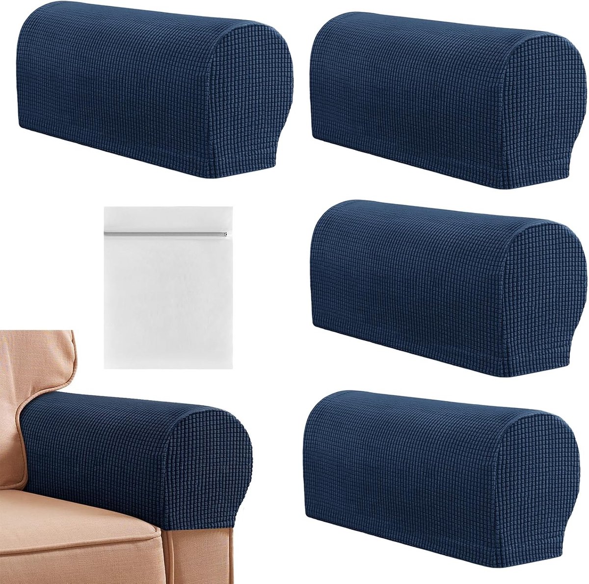 Armsteunhoezen voor Stoelen - 4 Stuks, Rekbare en Antislip Beschermhoezen voor Meubels, Inclusief Waszak, Ideaal voor Fauteuils en Relaxstoelen (Blauw)