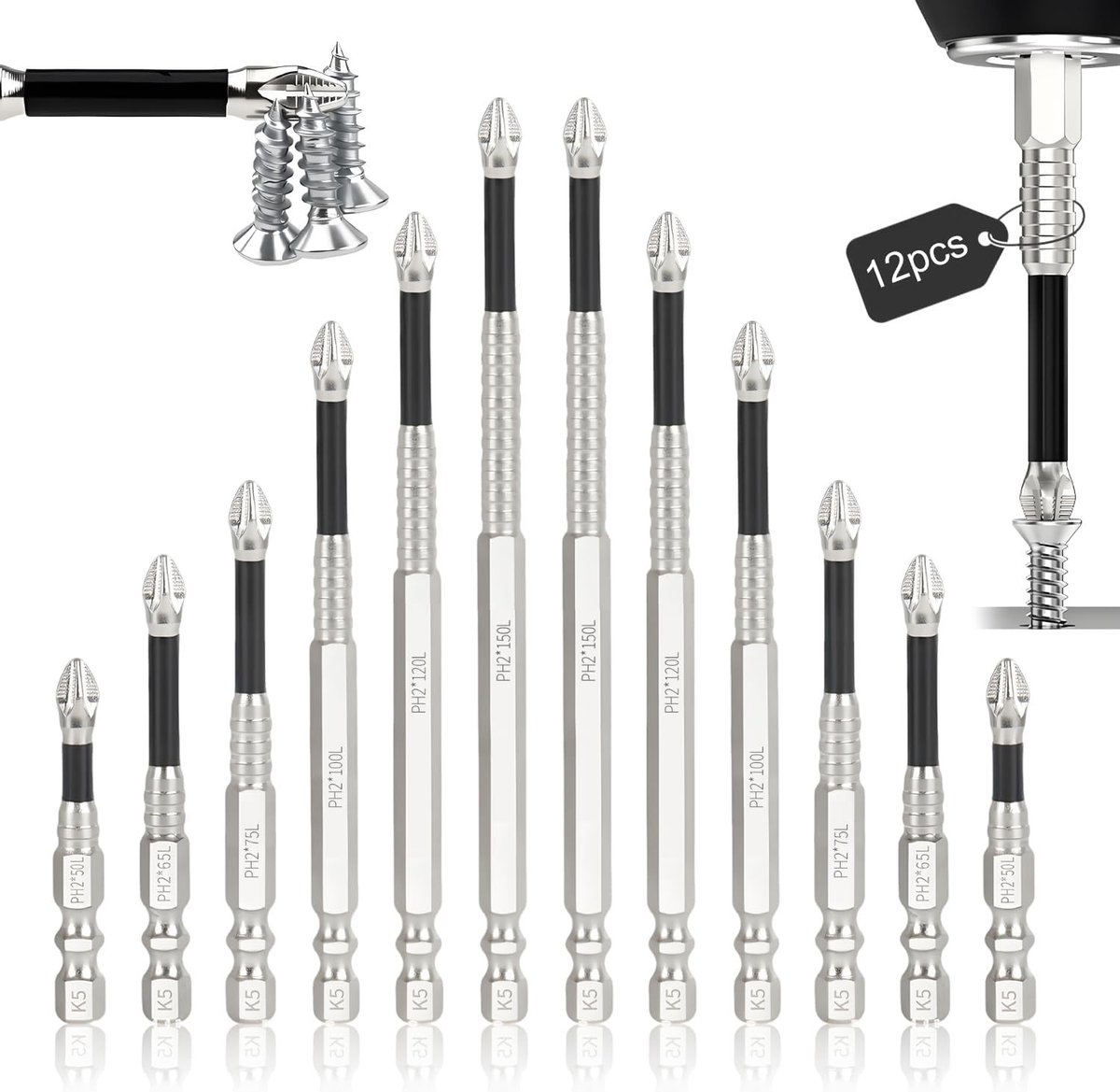 Complete Set van 12 Schroevendraaier Bits met Magnetische Hex Shank en Dubbele Sleuf, Geschikt voor Handboormachines en Slagmoersleutels voor Kruiskopschroeven