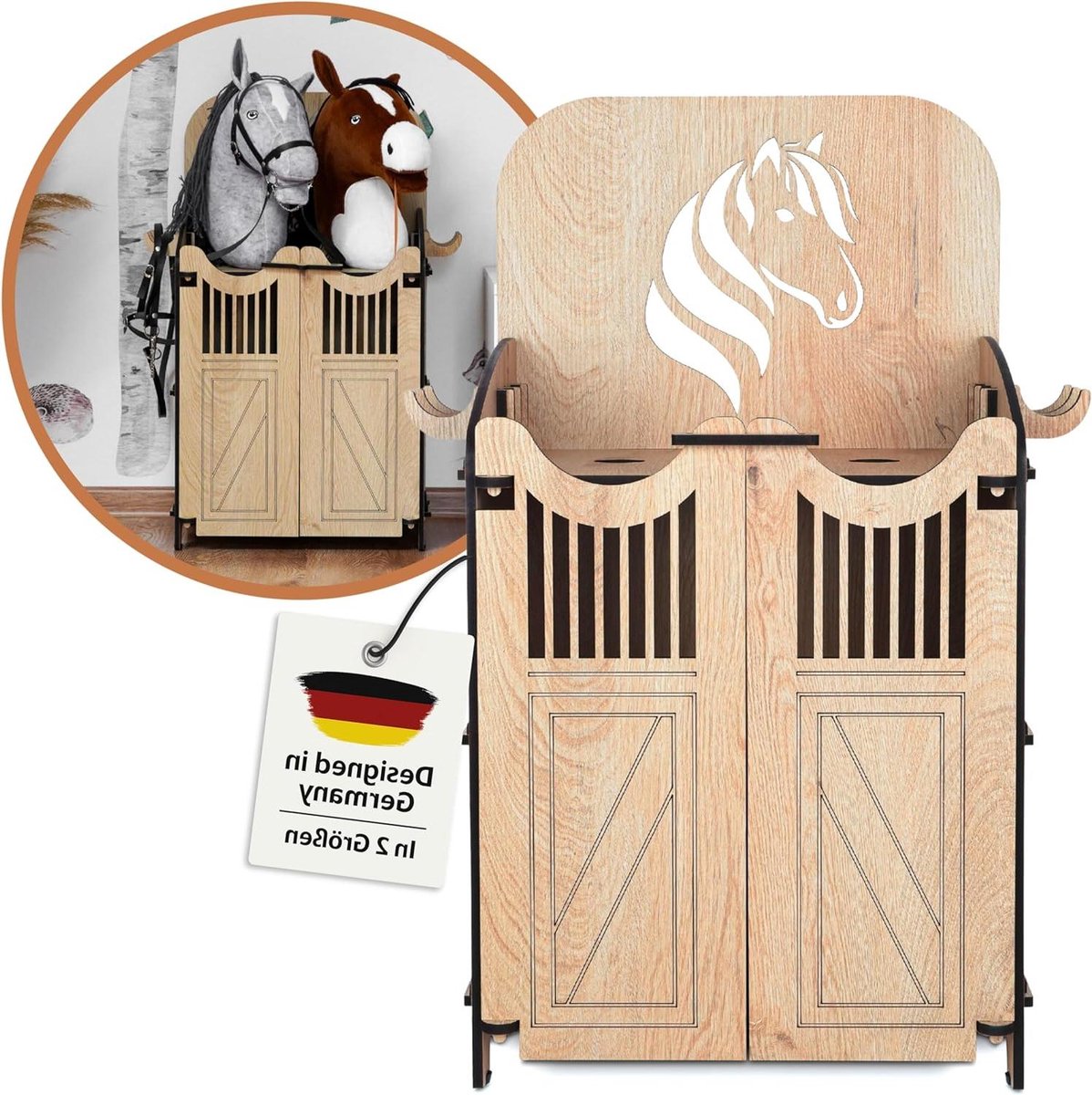 Hobby Horse Stal - Houten Paardenstal - Opbergen Accessoires - Met Deuren Haken - 75x55x30 cm - Houtkleurig