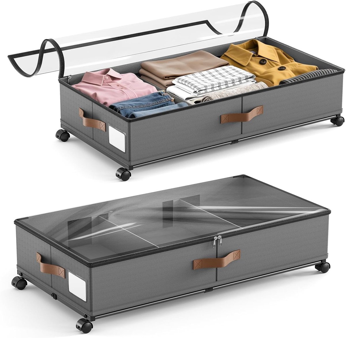SnelShoppen - 2 Opbergdozen Onder Bed met Wielen, 48L, Transparant Deksel, Afneembare Scheidingswand, 78x42x17 cm, Ideaal voor Kleding, Schoenen, Deke