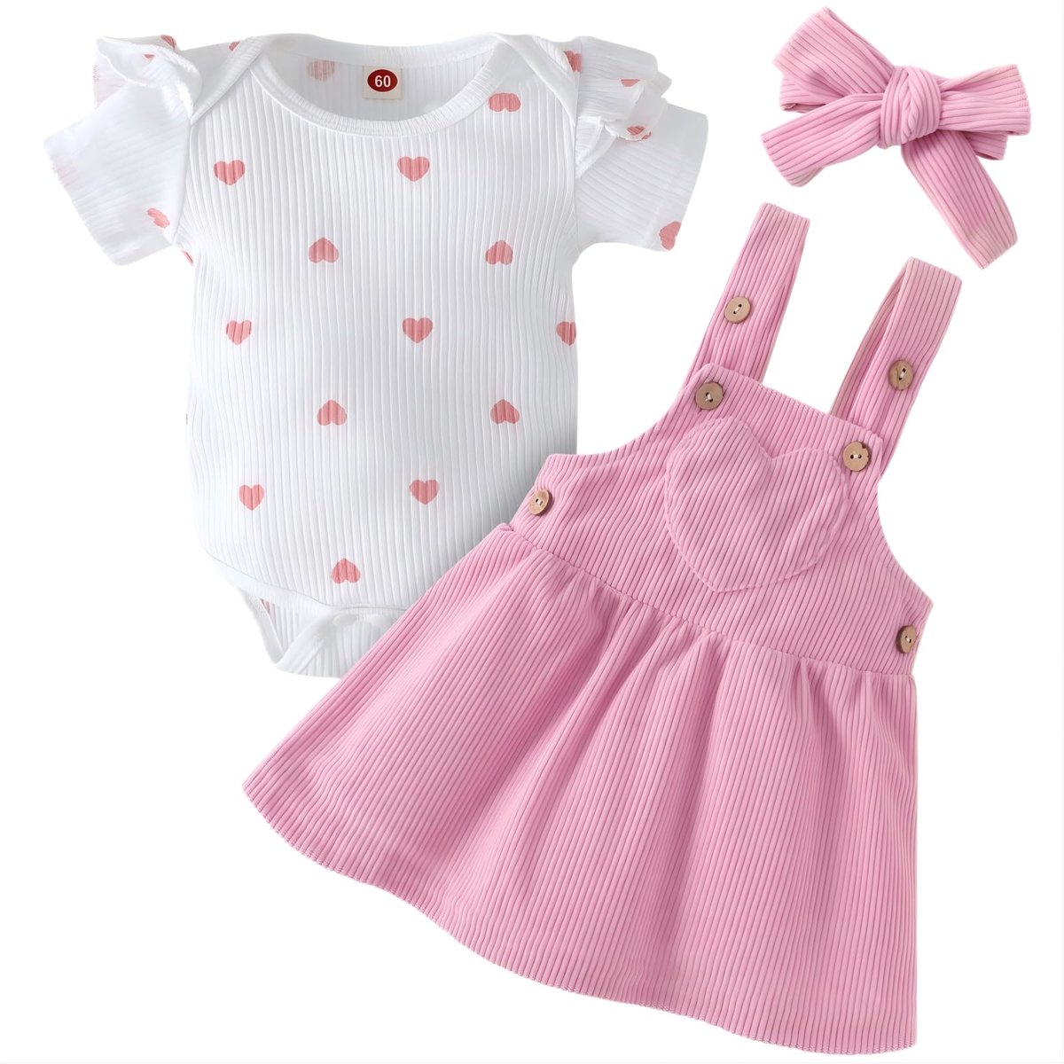 SnelShoppen - Asmea Babykleding Meisjes 0-18 Maanden, 3-delige Zomer Set, Korte Mouwen Body, Jurk met Bandjes, Hoofdband, Liefdesprint, Pasgeboren Out
