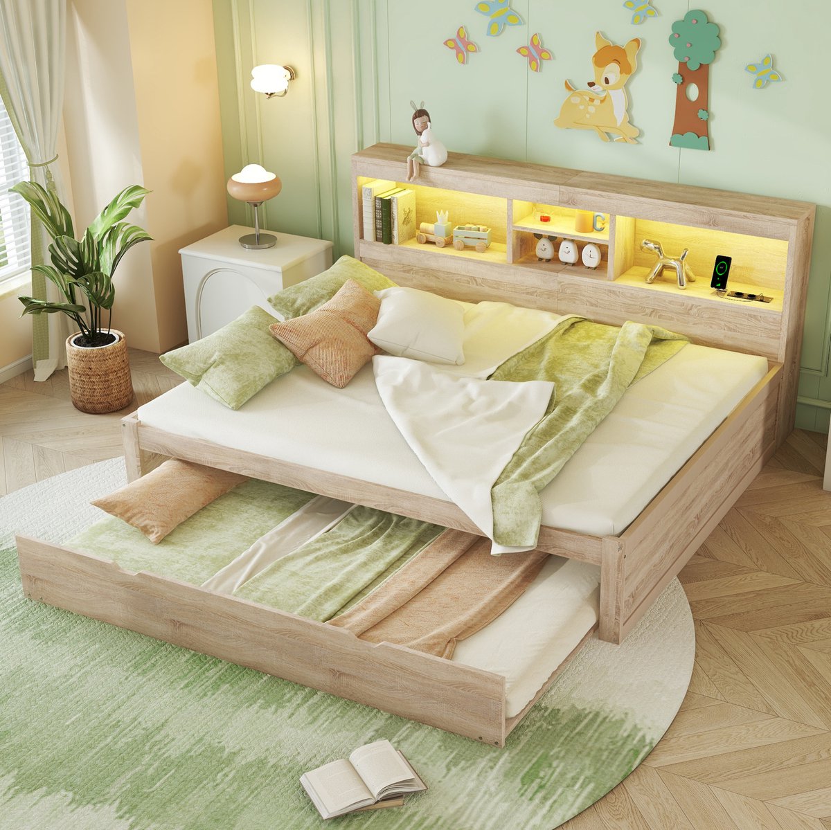 COVREO Slaapbank 140x200 cm naturel, LED, opbergruimte, zonder matras Natural