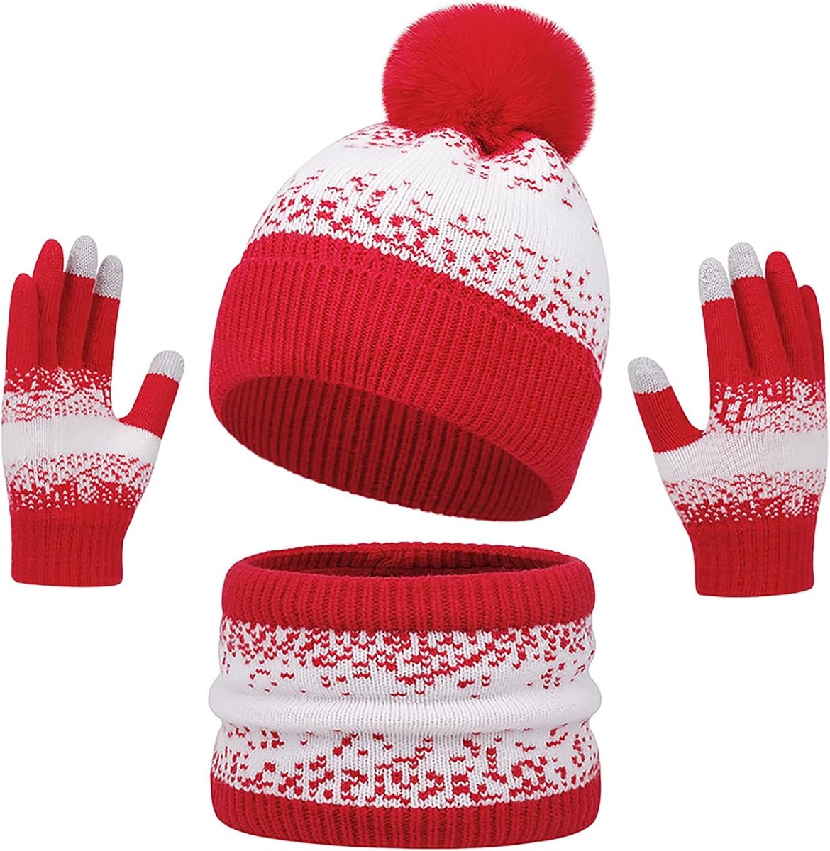 Winterset voor Dames en Heren - Warme Gebreide Muts met Pompon, Sjaal en Touchscreen Handschoenen - Perfect voor Koude Dagen en Sneeuwactiviteiten