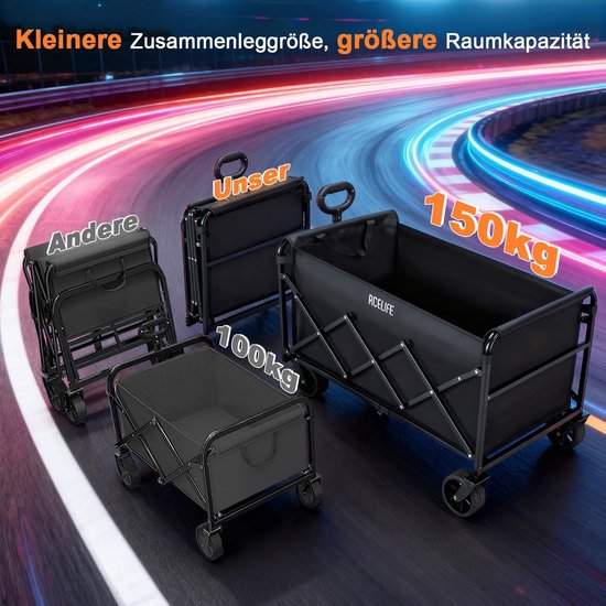 SnelShoppen - Opvouwbare Bolderkar Handwagen 150L Draagkracht 150kg Verstelbare Handgreep Offroad-wielen Voor Camping Tuin Outdoor 94x43x42 cm van Snelshoppen — afbeelding 5