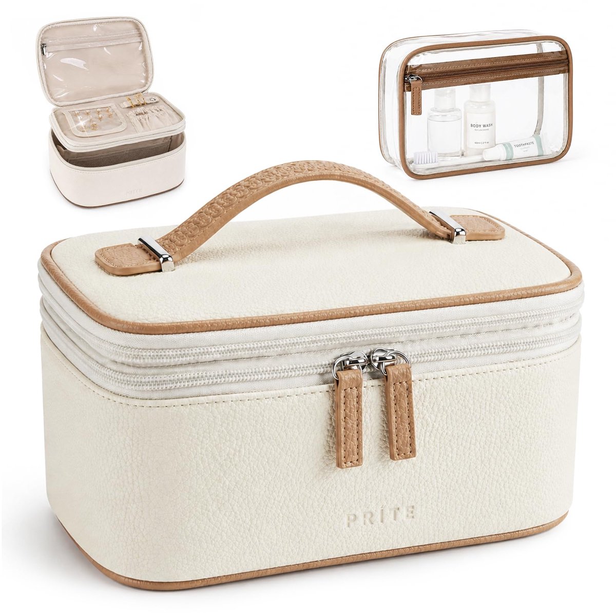 SnelShoppen - 2-delige make-up tas set voor vrouwen - 2-laags reis cosmetische tas met juwelenopslag - waterdichte vegan lederen toilettas met afneemb