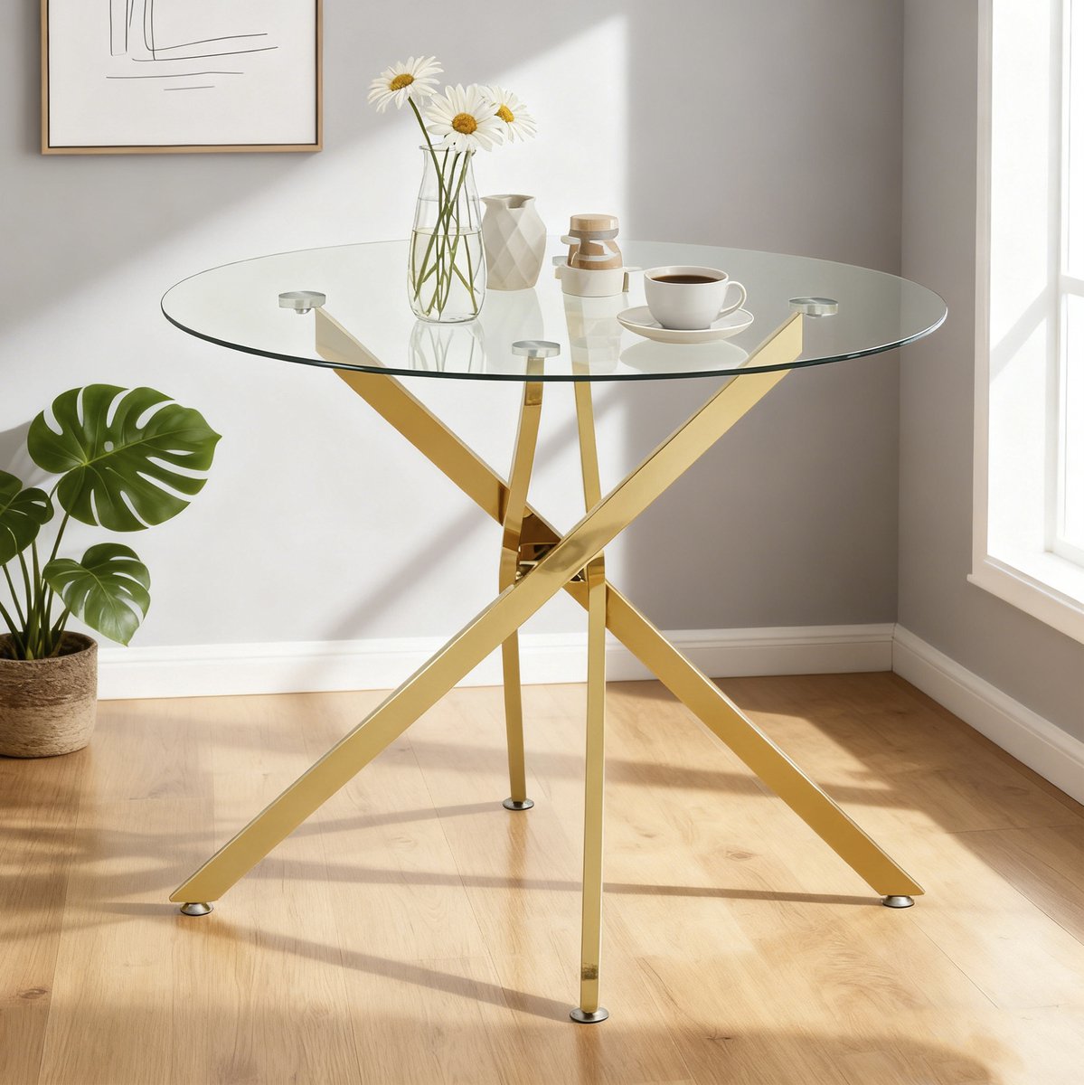 DESMIU Eettafel - Rond Design Met Gehard Glazen Blad - Voor Eethoek En Compacte Ruimte - Glas En Metaal - 80x80x76 Cm - Goud