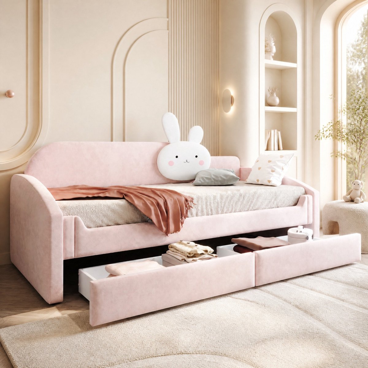 COVREO Bed 90x200 cm roze, stof met 2 lades en LED-verlichting