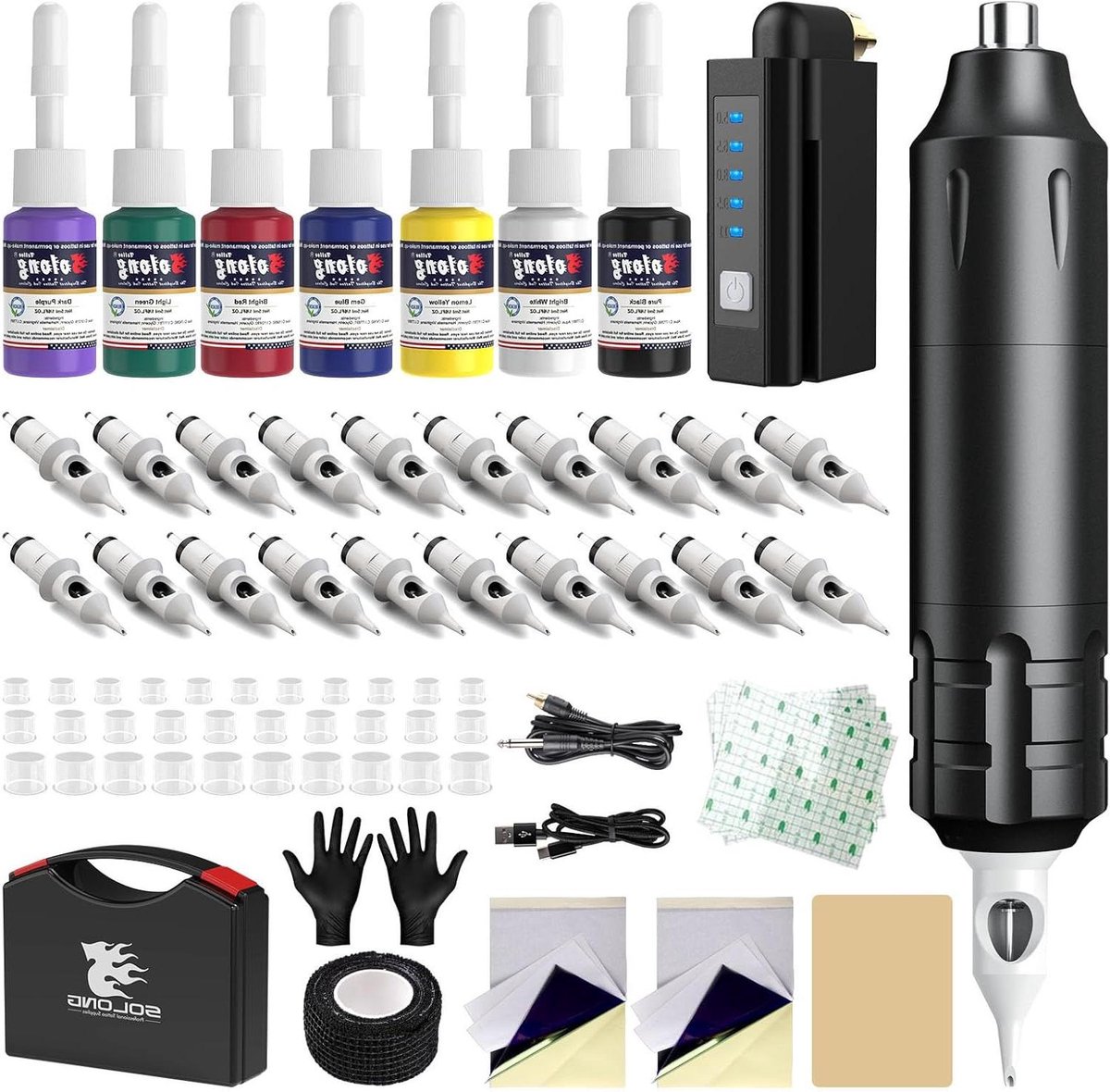 Tattoo Machine Kit - Roterende Pen - Artistiek Ontwerp - Draadloos Vermogen - 14 Kleuren Inkt - Diverse Kleuren