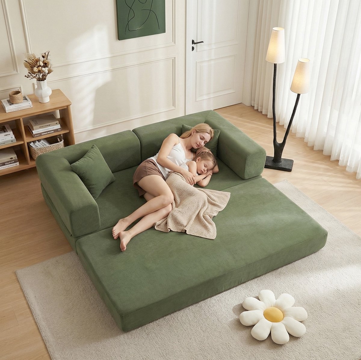 OKWISH Slaapbank - 3-Zits Vloersofa Met Slaapfunctie - Verplaatsbare Armleuningen En Kussens - Voor Woonkamer Of Studio - Ribfluweel - Groen