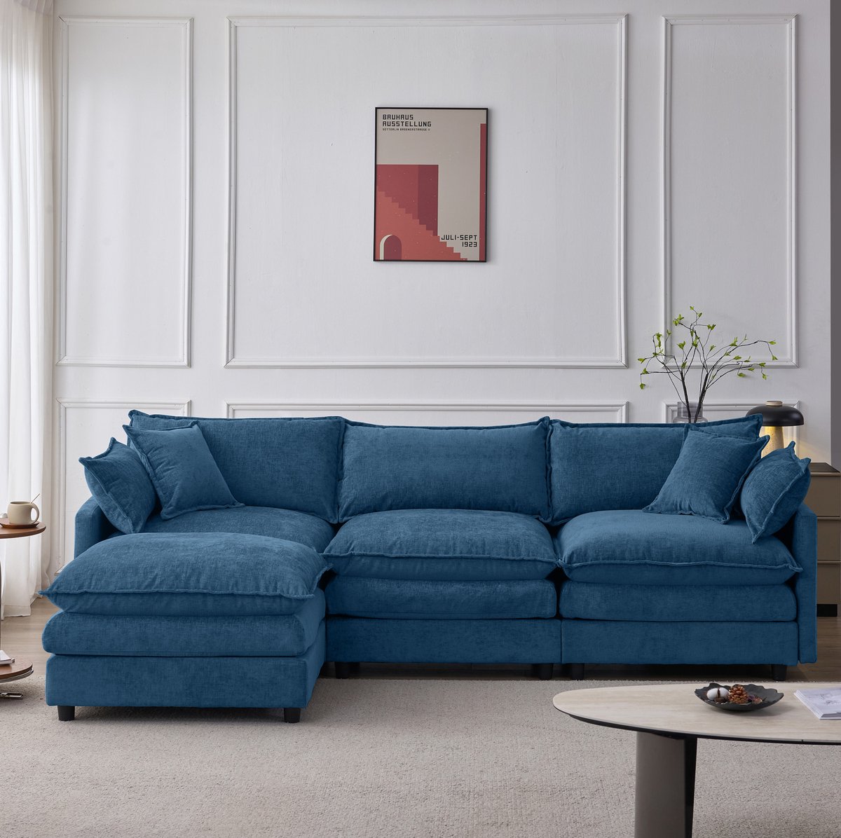 OKWISH Hoekbank 3-Zits Met Hocker En 2 Sierkussens - Modulair Design Met Afneembare Hoezen En Zachte Chenille - Voor Woonkamer - Blauw