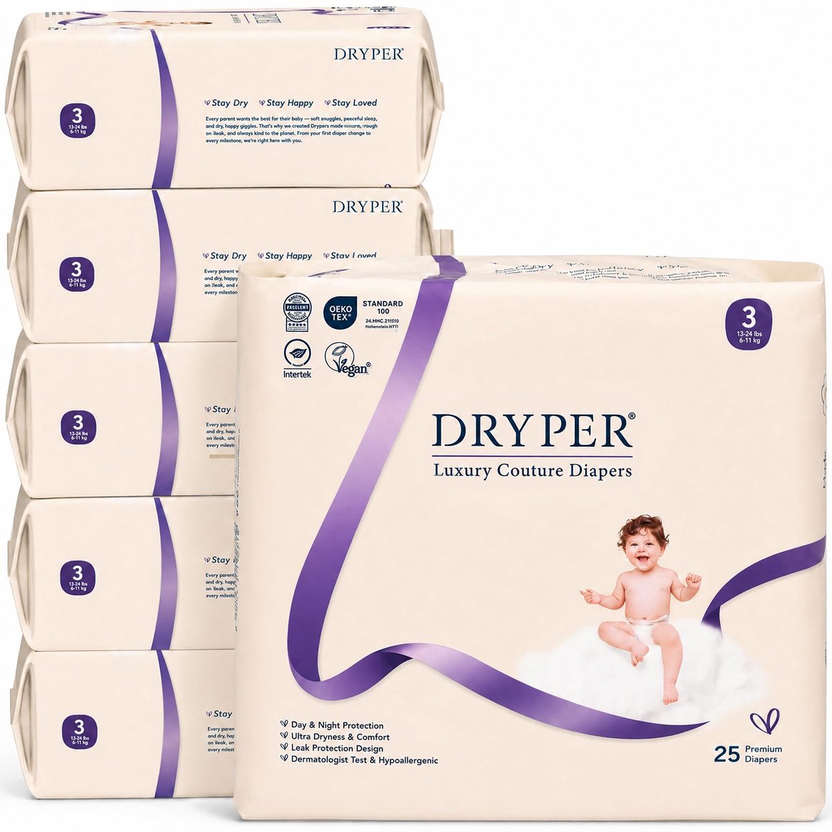 SnelShoppen - Baby luiers DRYPER maat 3 (6-11 kg), ultradunne zachte hypoallergene luiers met 3D-lekrebarrières, vochtindicator, 150 stuks premium lui