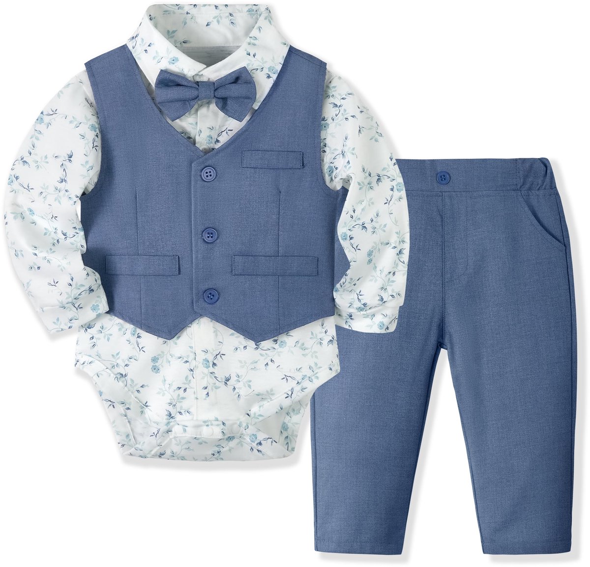 SnelShoppen - Elegante Jongenskleding Set 4-delig - Overhemden, Vlinderdas, Vest, Broek - Blauw Bedrukt - Ceremonie, Bruiloft, Feest - 18-24 Maanden