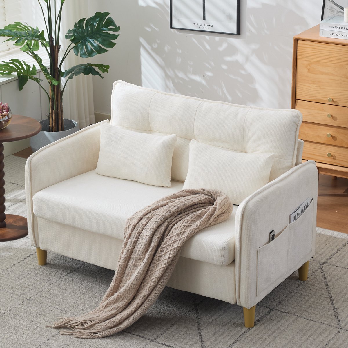 OKWISH Zitbank 127 cm - 2-Zits Bank Met Zijvakken En Armleuningen - Zachte Chenille Bekleding - Voor Woonkamer Of Kantoor - Beige