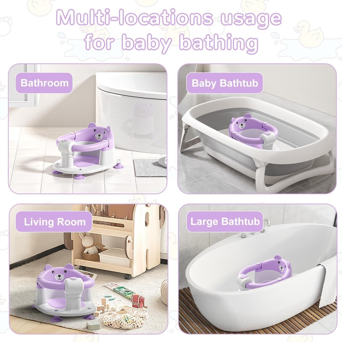 Veilige Baby Badstoel voor 6 Maanden en Oudere, Antislip met 4 Zuignappen en Kussen, Draagbare Badstoel voor Douche en Bad, Paars