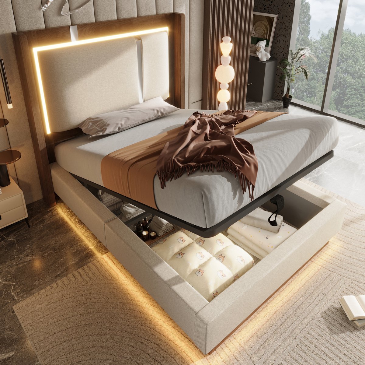 DESMIU Gestoffeerd Bed 90x200 cm – Eenpersoonsbed Met LED En Opbergruimte – Hydraulisch Hefmechanisme – Voor Tienerkamer – Beige Walnoot – Zonder Matras