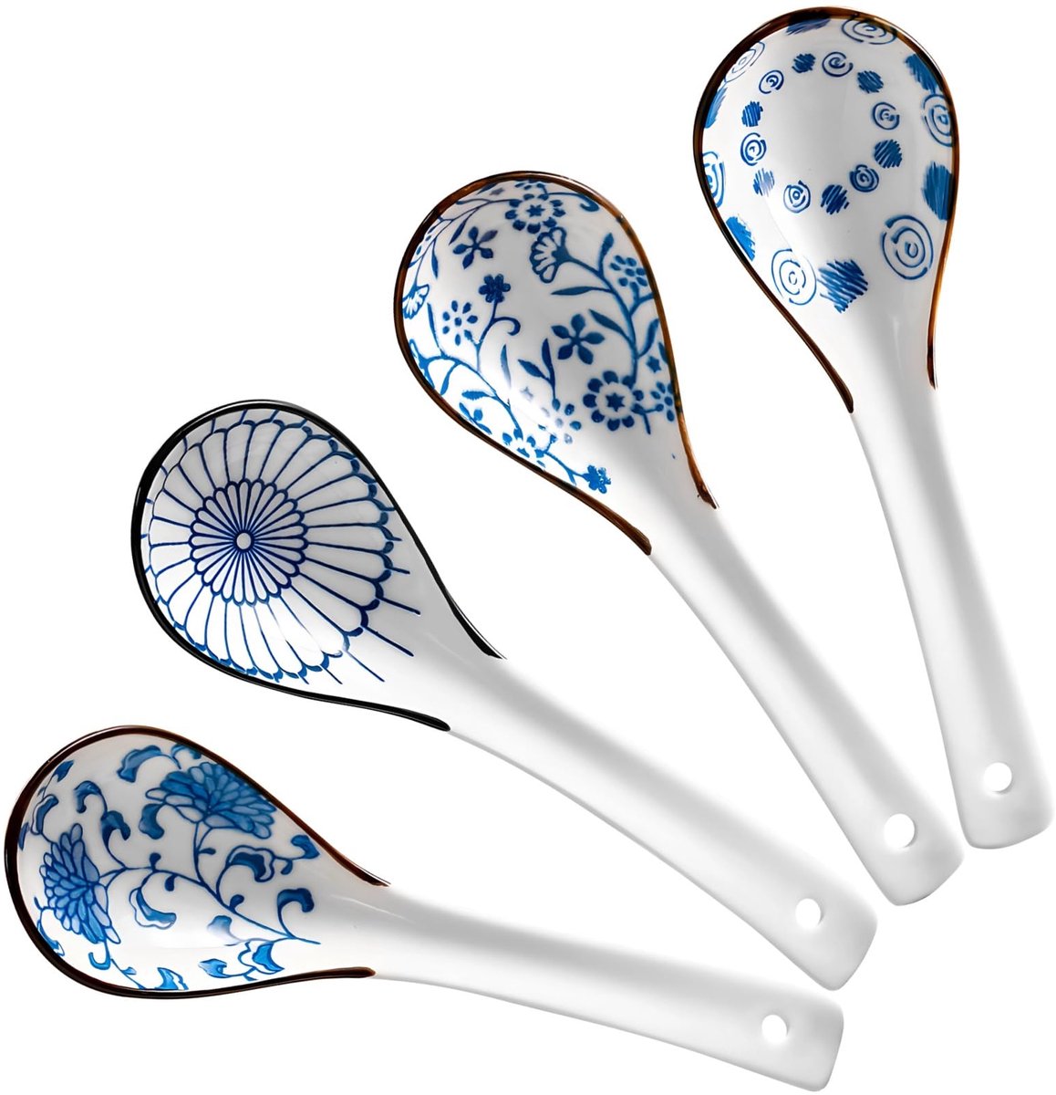 SnelShoppen - Set van 4 Japanse keramische soeplepels, 15,5 x 4,5 cm blauwe en witte ramenlepels, pollepels met bloemmotief voor Aziatische noedelsoep