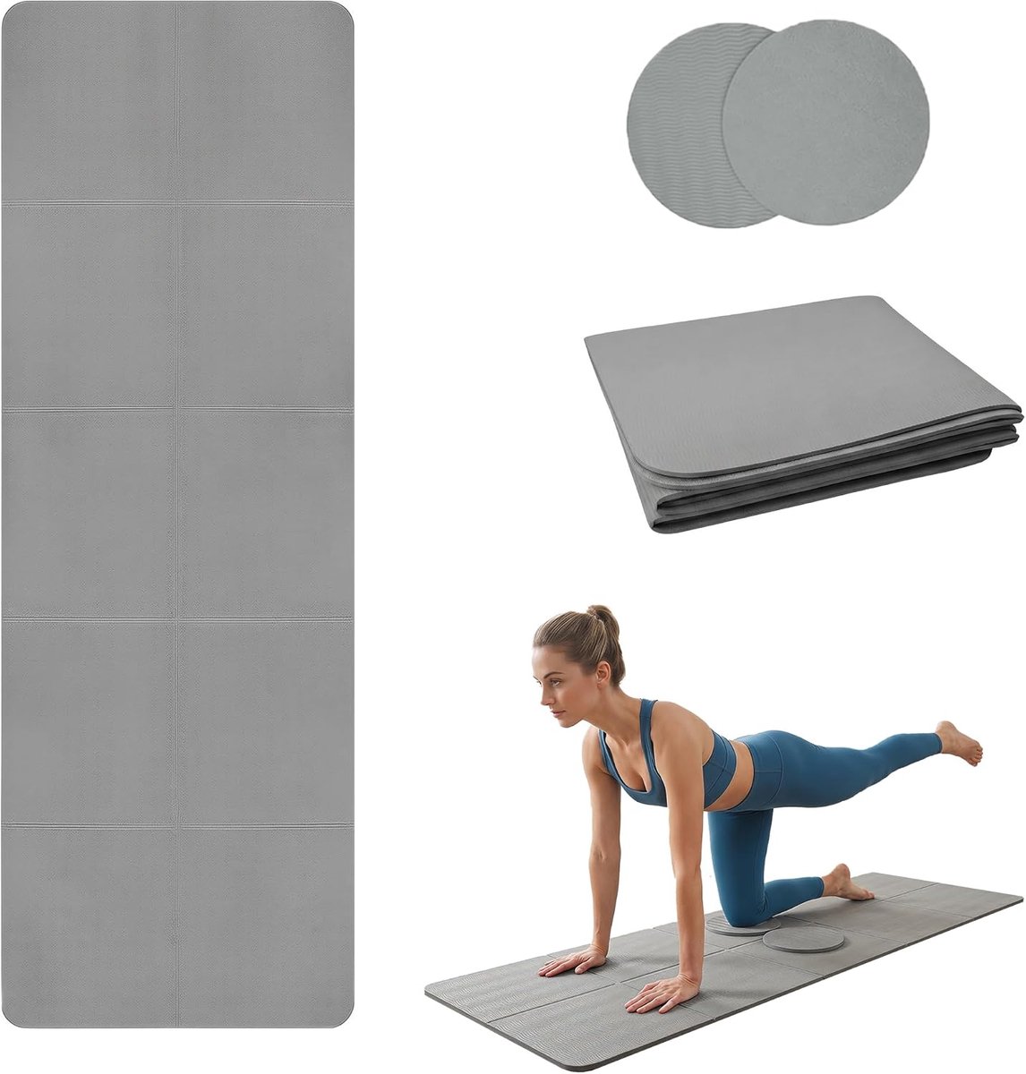 SnelShoppen - Opvouwbare TPE yogamat 183 x 61 cm, grijs, 5 mm dik, antislip, met 2 kniekussens, ideaal voor pilates, fitness en reizen
