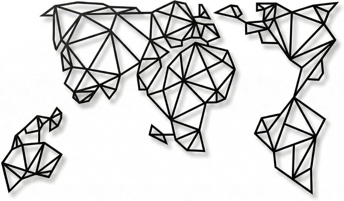 Metalen wereldkaart - Wanddecoratie metaal - Kamer Versieren - Geometrisch ontwerp - 76 x 43 cm - Mat Zwart