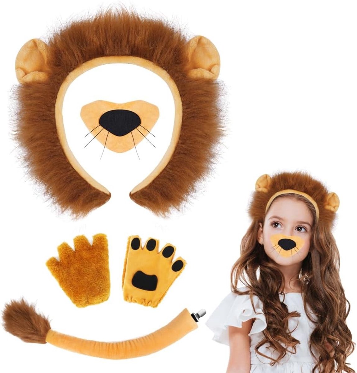 Leeuwenkop Hoofdband en Staart Set, Dierenkostuum Accessoires voor Halloween, Feestkleding voor Kinderen en Volwassenen met Pluche Hoofdband, Staart en Handschoenen