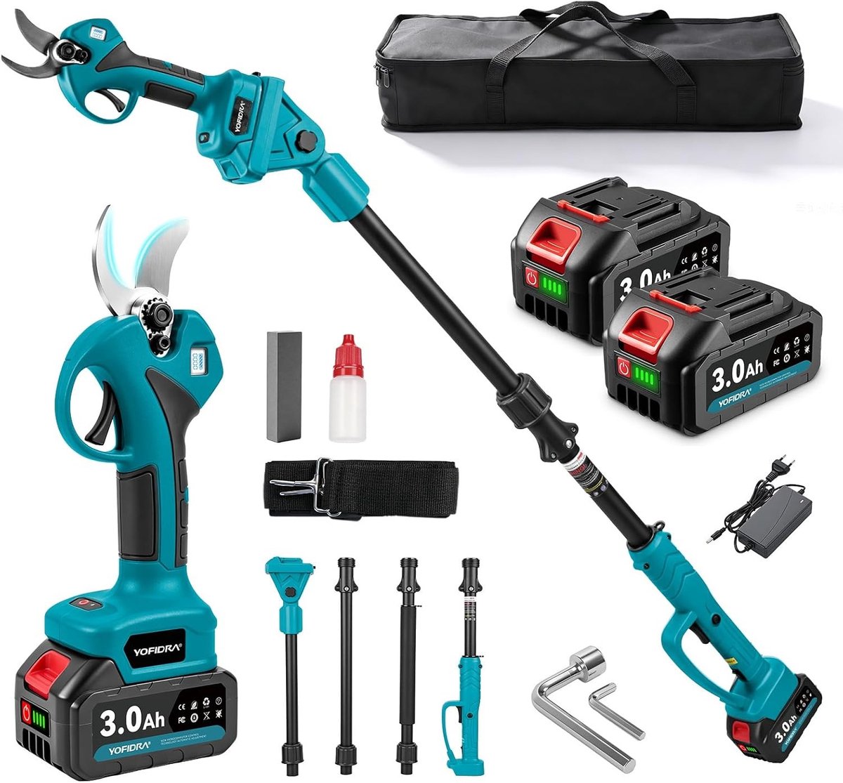 2-in-1 Accu Hoogtelisser, 30 mm Elektrische Snoeischaar met Telescopische Handgreep, 300 W Borstelloze Motor, LCD Scherm en Maximaal Bereik tot 4,2 m voor Takken en Fruitbomen Snoeien