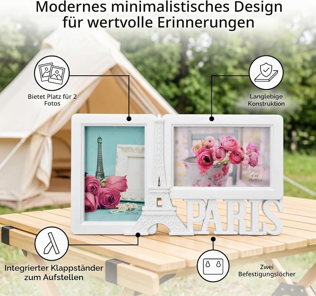 Dubbele Fotolijst 10x15 cm, Verticale en Horizontale Opening, Kunststof, Eiffeltoren Design, Decoratieve Fotowand en - ShopVlot