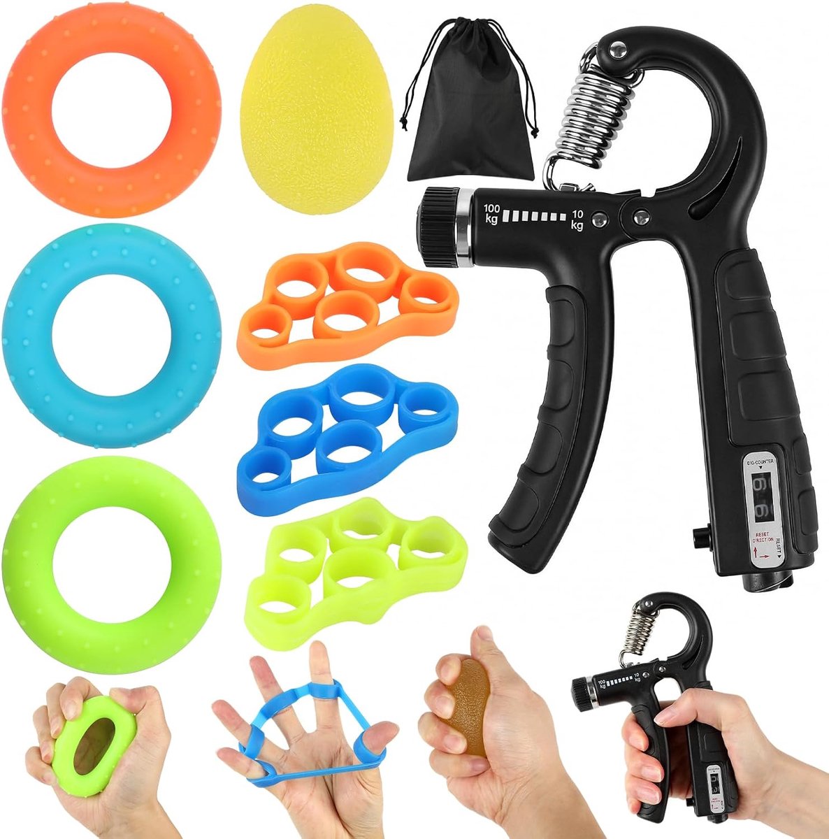 Set van 8 stuks hand- en onderarmtrainers met slimme teller, instelbare handkrachttrainer 10-100 kg, vingertreiners - ShopVlot