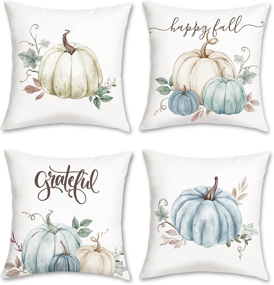 SnelShoppen - Set van 4 Kussenslopen Herfst Pompoen 45 x 45 cm Beige Blauw Fluweel Zachte Decoratieve Kussenhoezen voor Bank Slaapkamer Woonkamer Woon