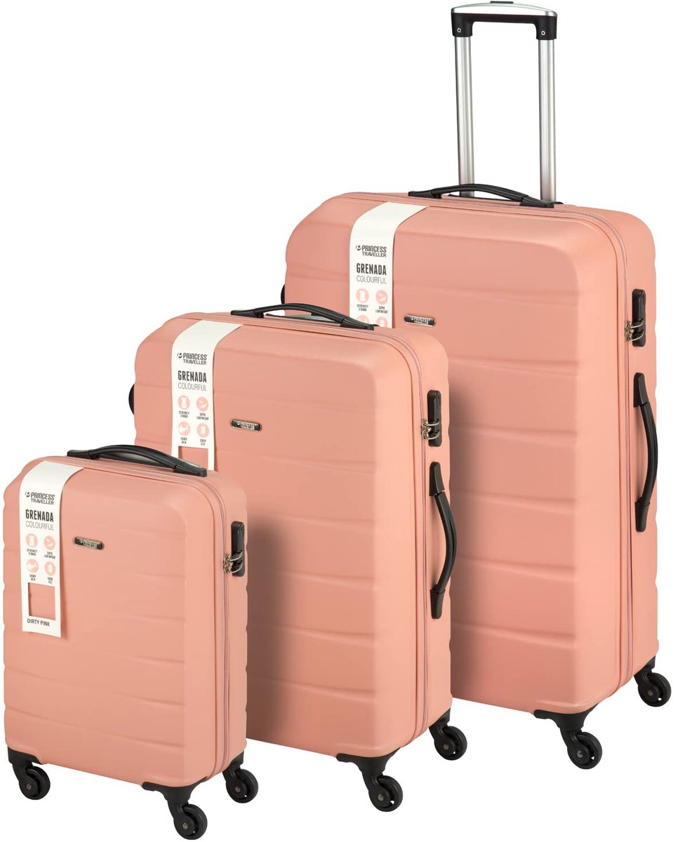 SnelShoppen - Princess Traveller Grenada Kofferset - Harde Trolley met Zwenkwielen - Kleine Maat - Dirty Pink - Ideaal voor Vakantie en Weekendje Weg