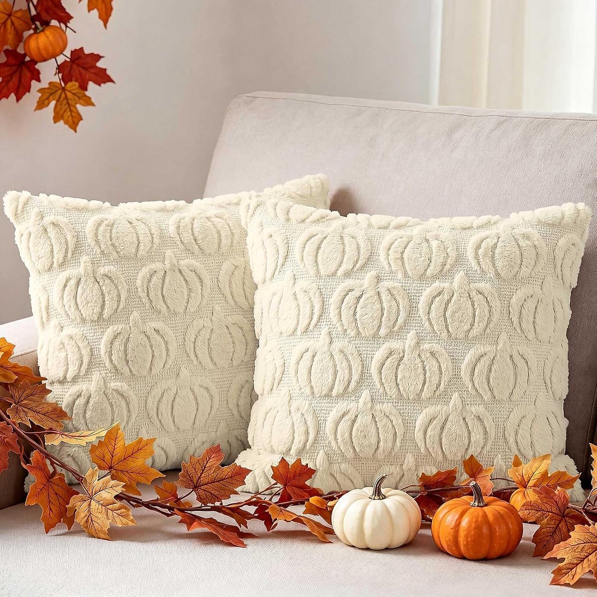 Benjia Set van 2 Herfst Kussenslopen 40 x 40 cm Pompoen Decoratieve Kussenhoes Zacht kussenslopen Moderne Kussensloop - ShopVlot