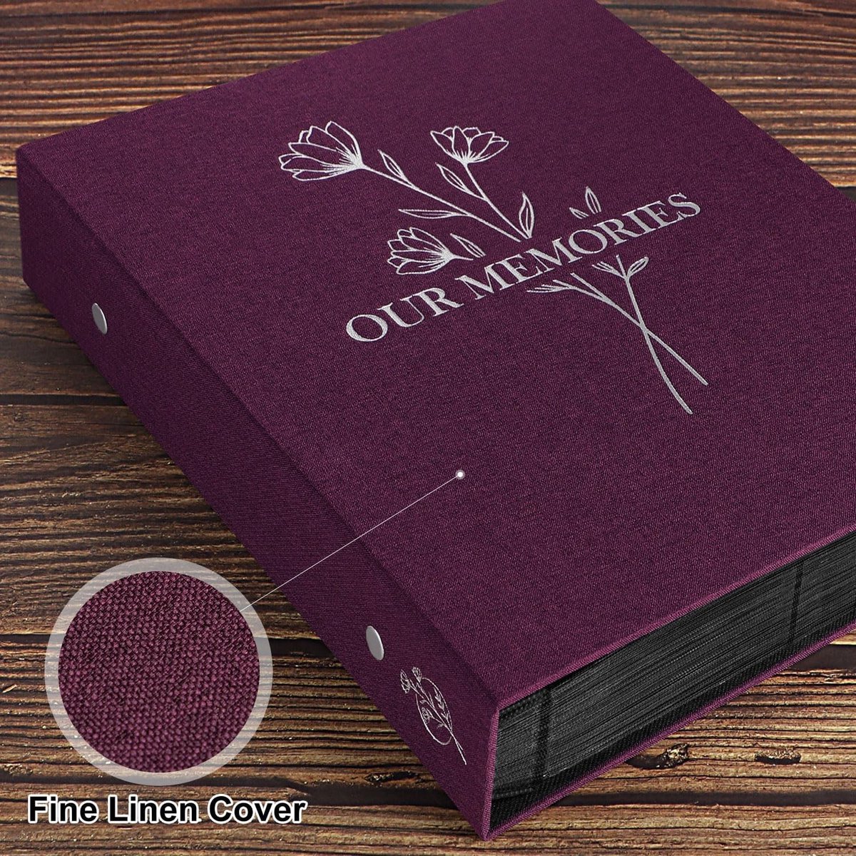 Fotoalbum 10 x 15 cm voor 400 foto's, met slip pockets en linnen cover, "Onze herinneringen", paars