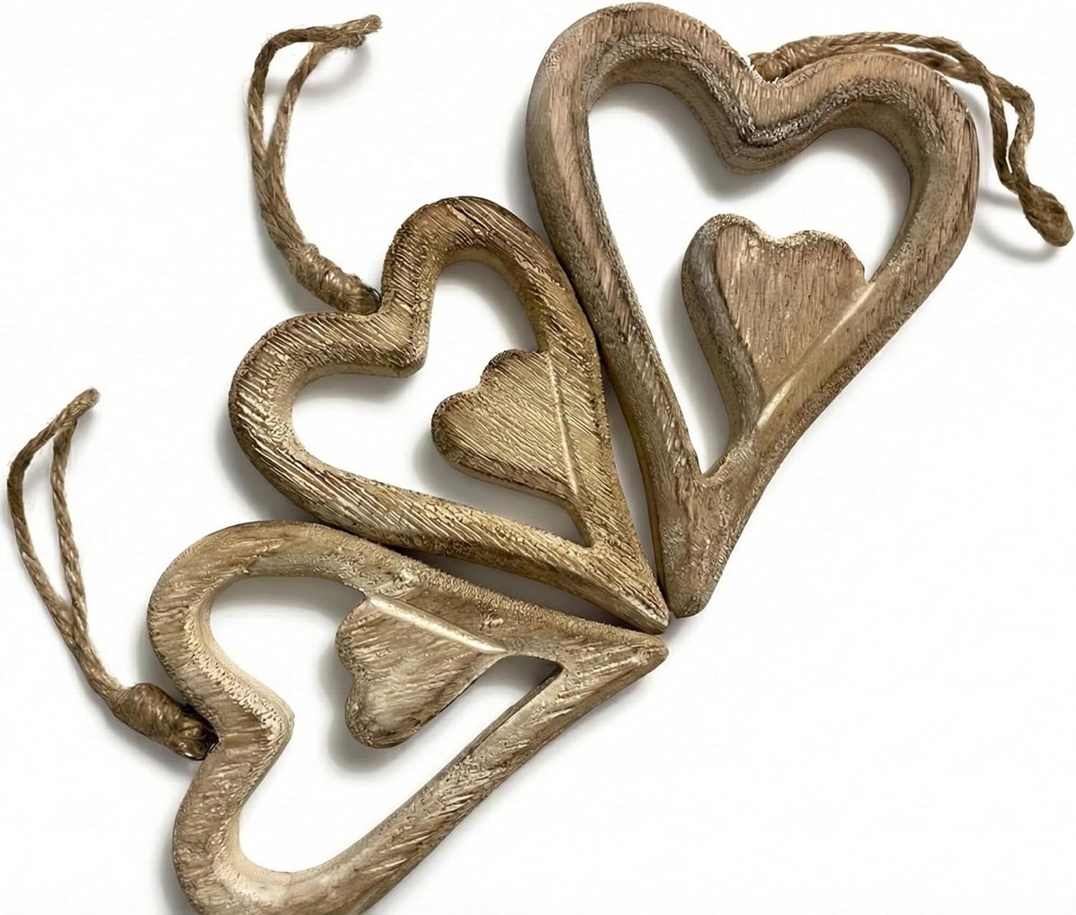 SnelShoppen - Hänger Hart 3er Set van Hout – Shabby Decoratie voor Aan de Wand, Raam en Deur met Jute Touw | Houten Hartjes voor Feest, Tuin, Keuken e
