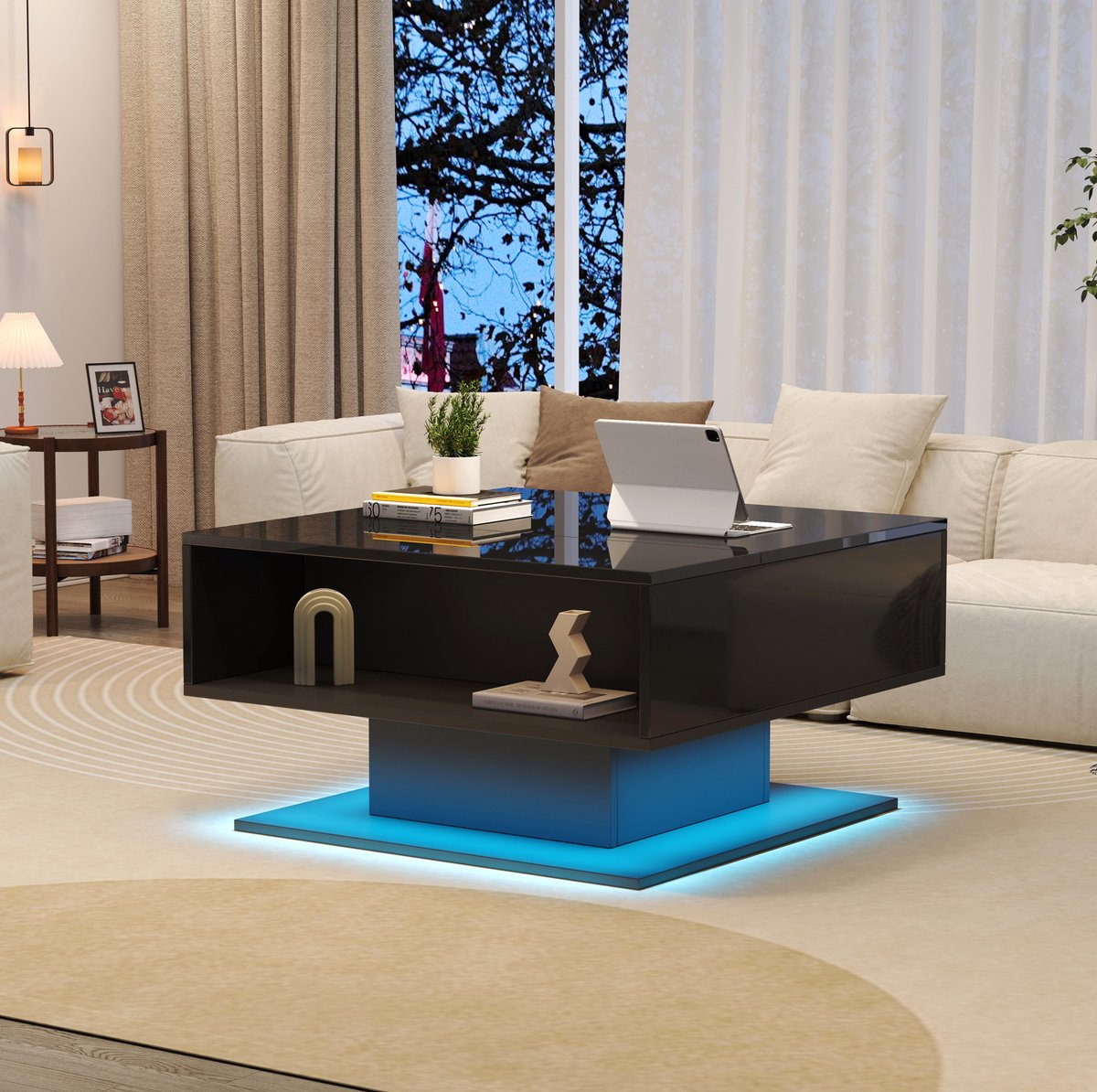 COVREO Salontafel 80 x 75 x 40 cm zwart, van spaanplaat met liftfunctie