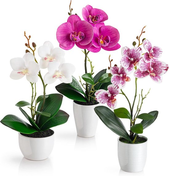 Kunstbloemen in pot - Kunstorchideeën set - Decoratie aanbrengen - Onderhoudsvriendelijk arrangement - 35 cm hoog - Wit-rosé