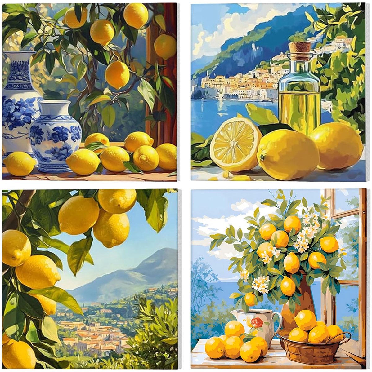 SnelShoppen - 4 Stuks Lemon Schilderen op Nummer voor Volwassenen en Kinderen met Lijst, Digitaal Landschap Schilderij voor Thuisdecoratie 20x20cm