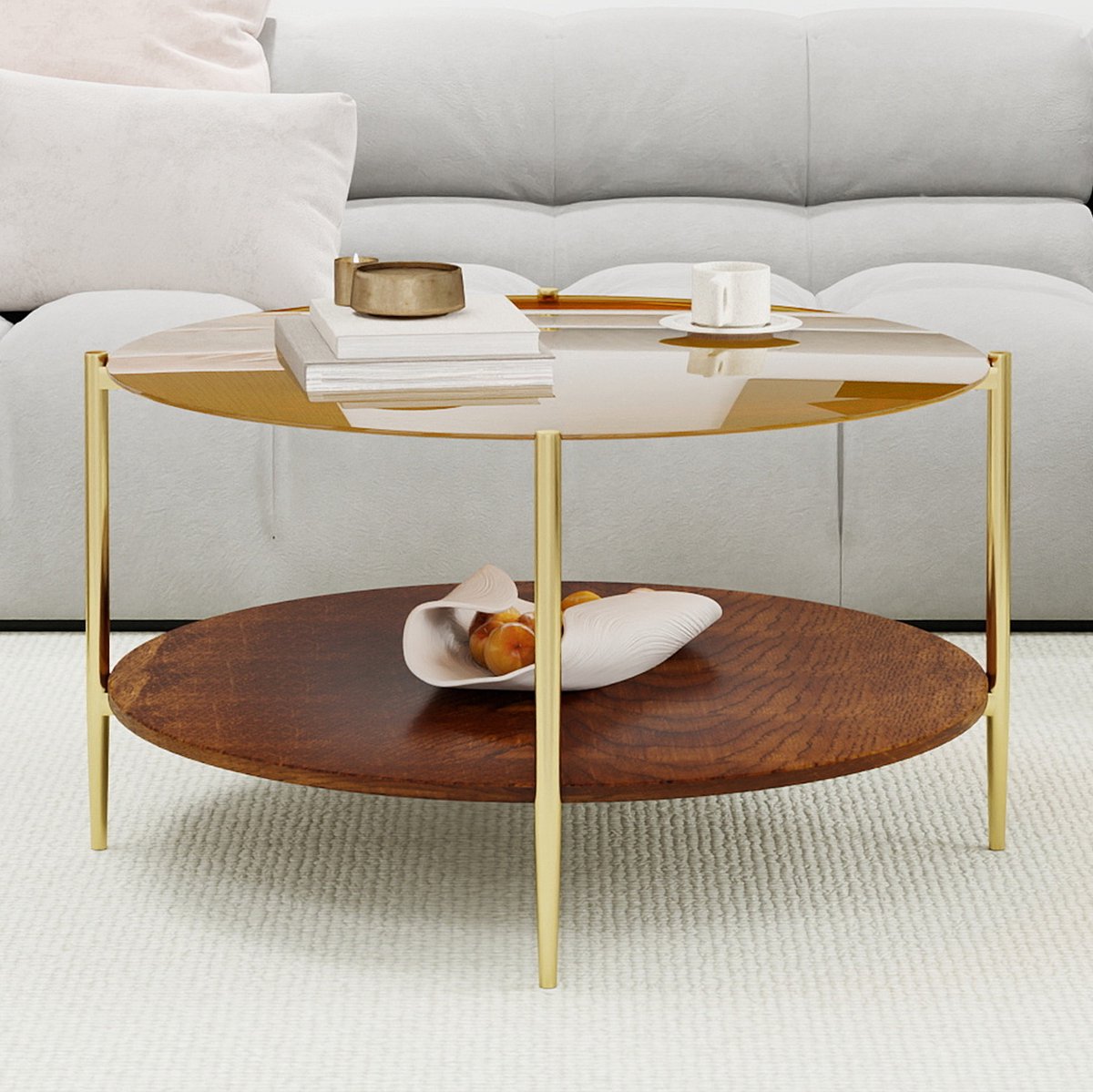 DESMIU Salontafel - Ronde Glazen Tafel Met Houten Onderblad - Modern Voor Woonkamer En Kantoor - Glas En Hout - 82x82x45 Cm - Goud